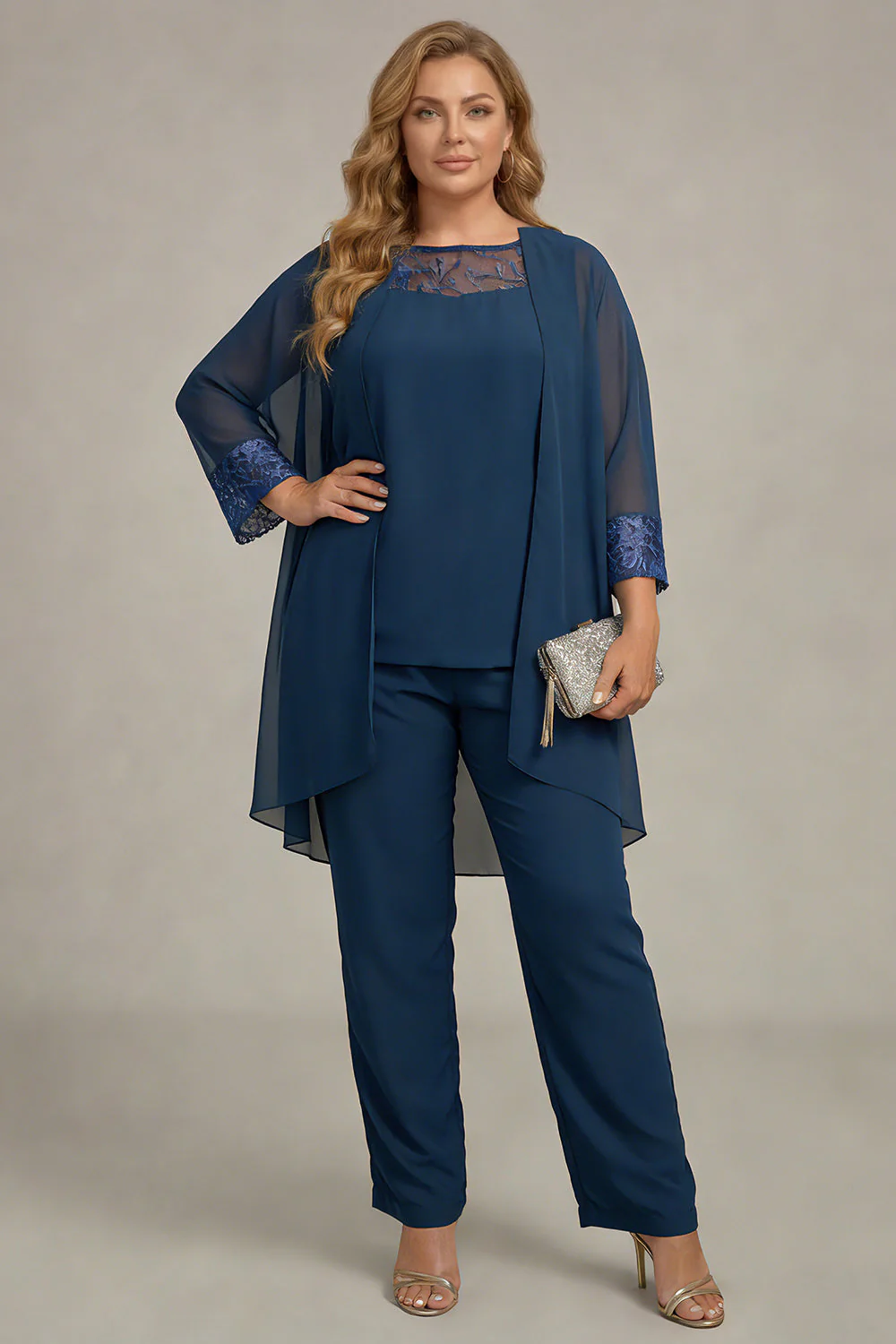 Tailleur pantalon 3 pièces bleu marine à manches longues pour mère de la mariée élégant - Image 8