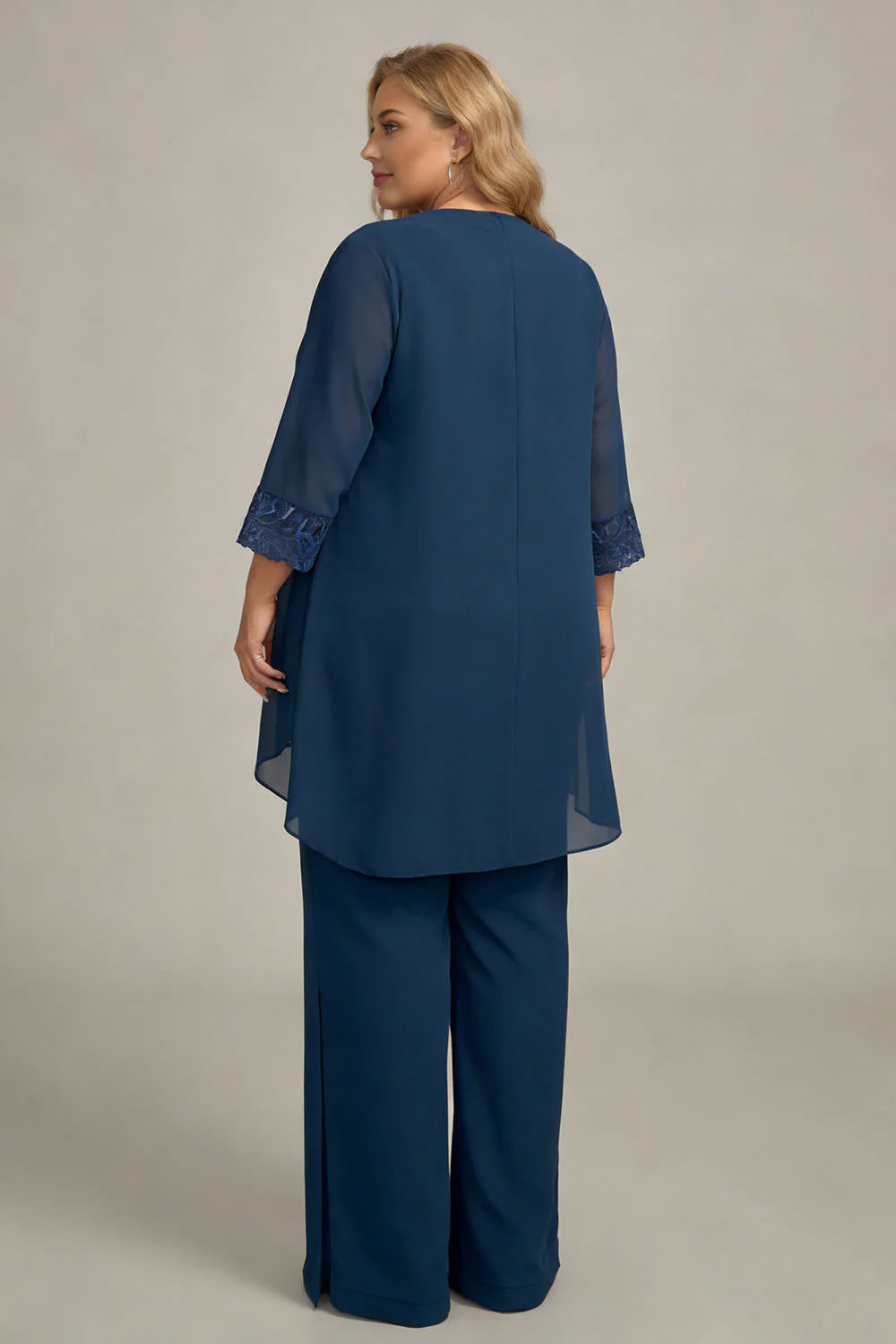 Tailleur pantalon 3 pièces bleu marine à manches longues pour mère de la mariée élégant - Image 9