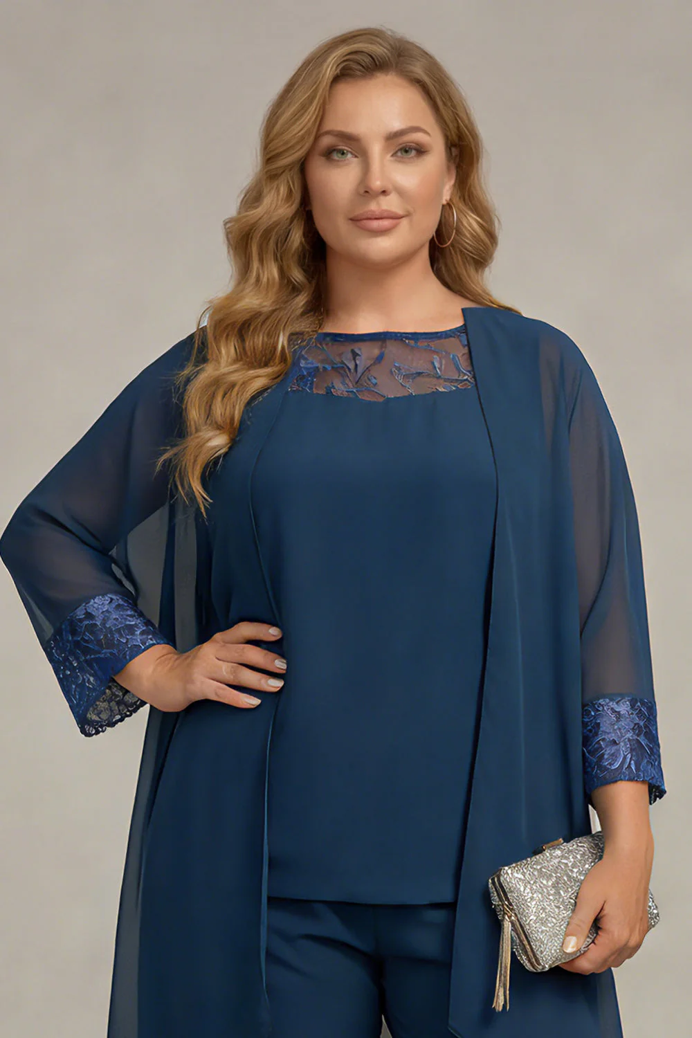 Tailleur pantalon 3 pièces bleu marine à manches longues pour mère de la mariée élégant - Image 10