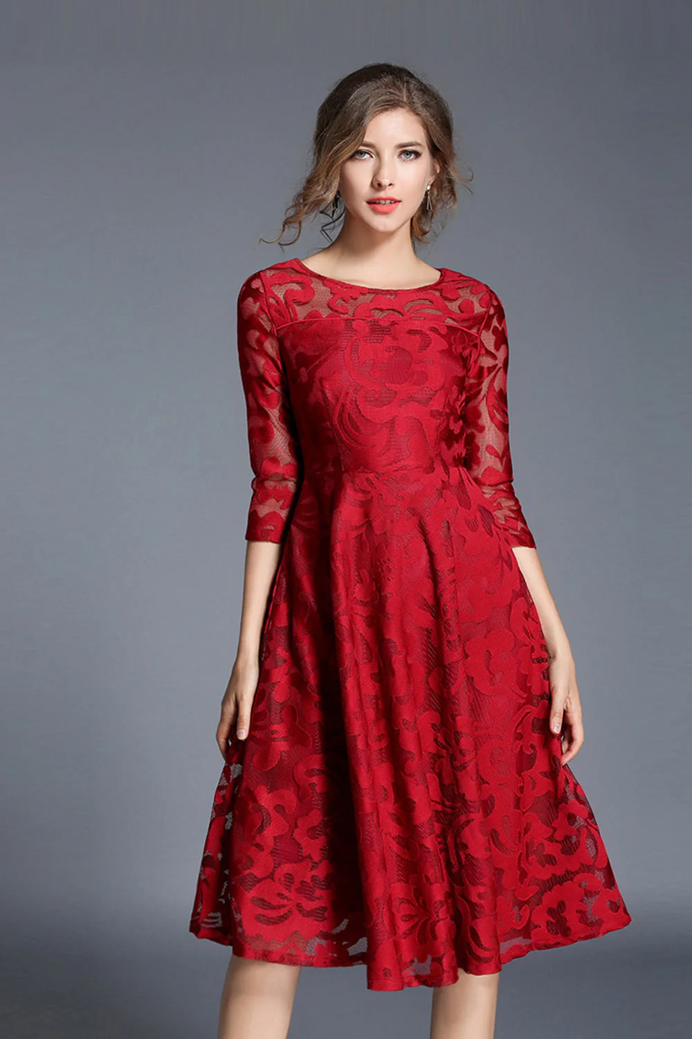 Paon trapèze col rond demi-manches midi Robe mère de la mariée - Image 10