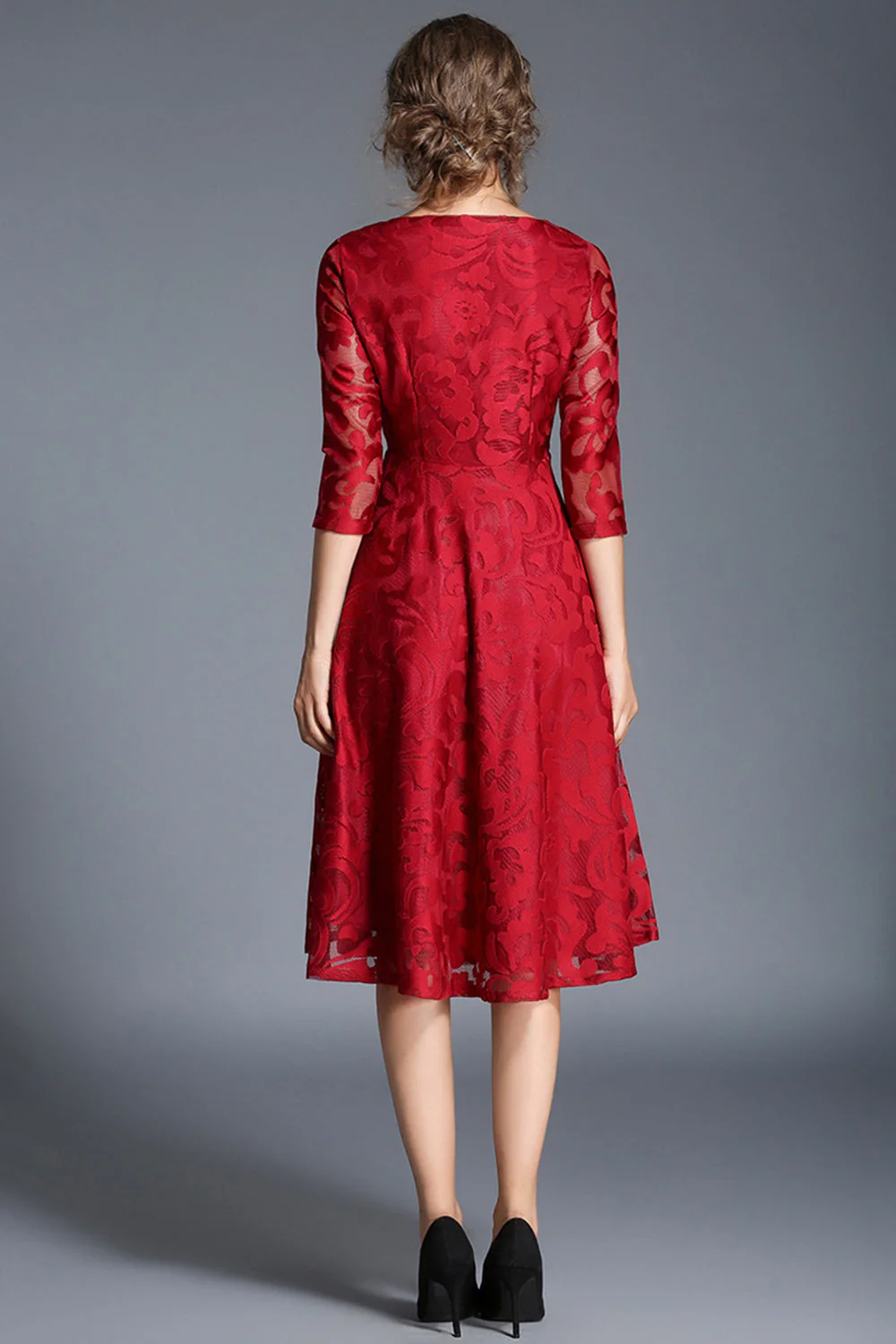 Paon trapèze col rond demi-manches midi Robe mère de la mariée - Image 11