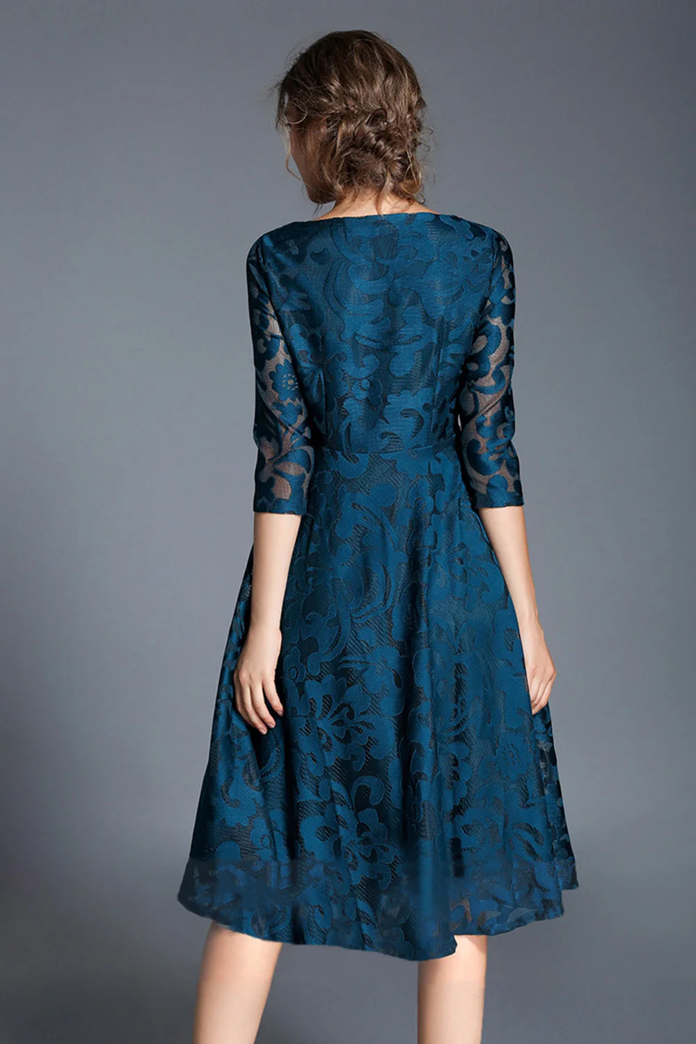 Paon trapèze col rond demi-manches midi Robe mère de la mariée - Image 2