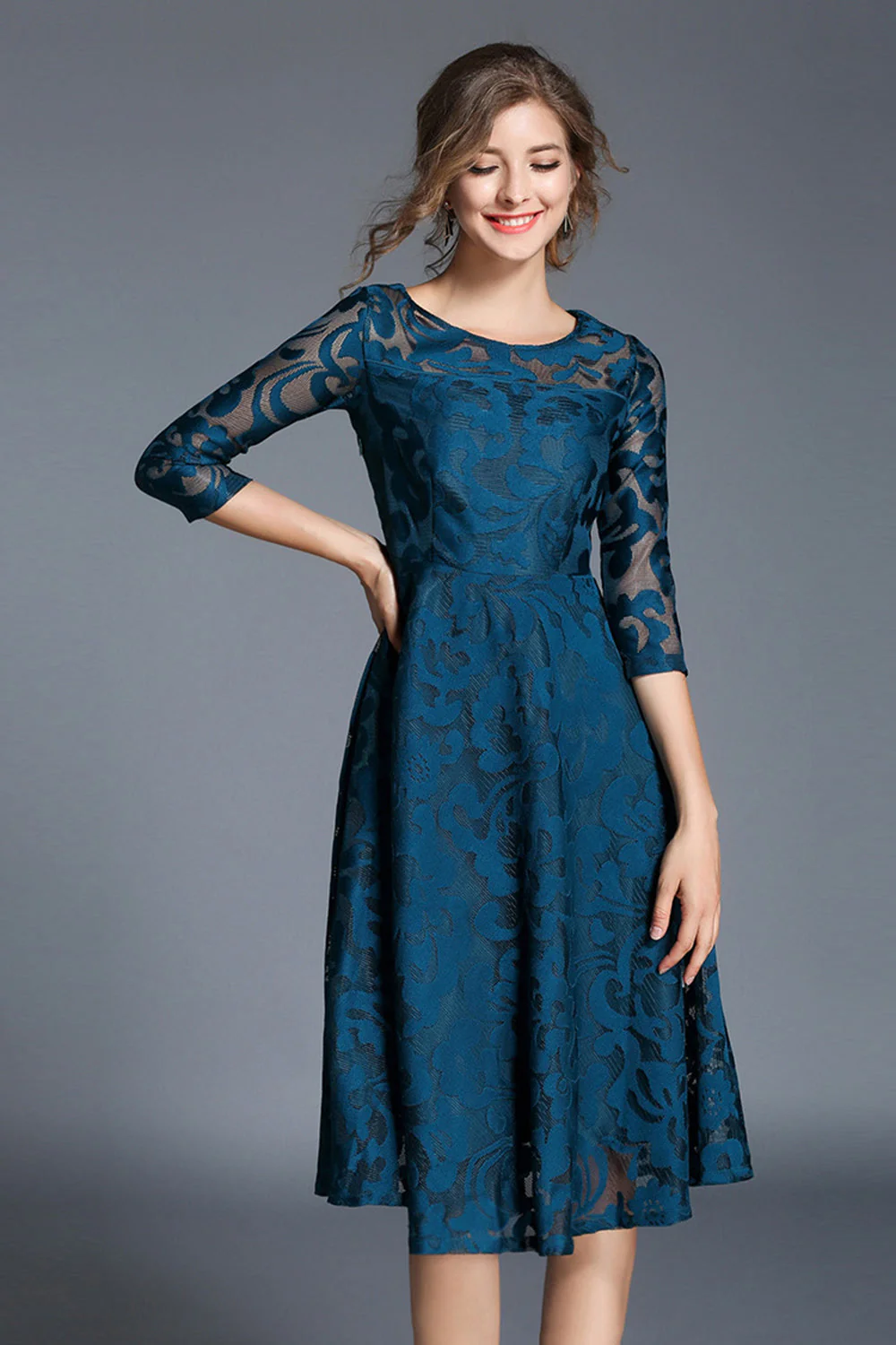 Paon trapèze col rond demi-manches midi Robe mère de la mariée - Image 4
