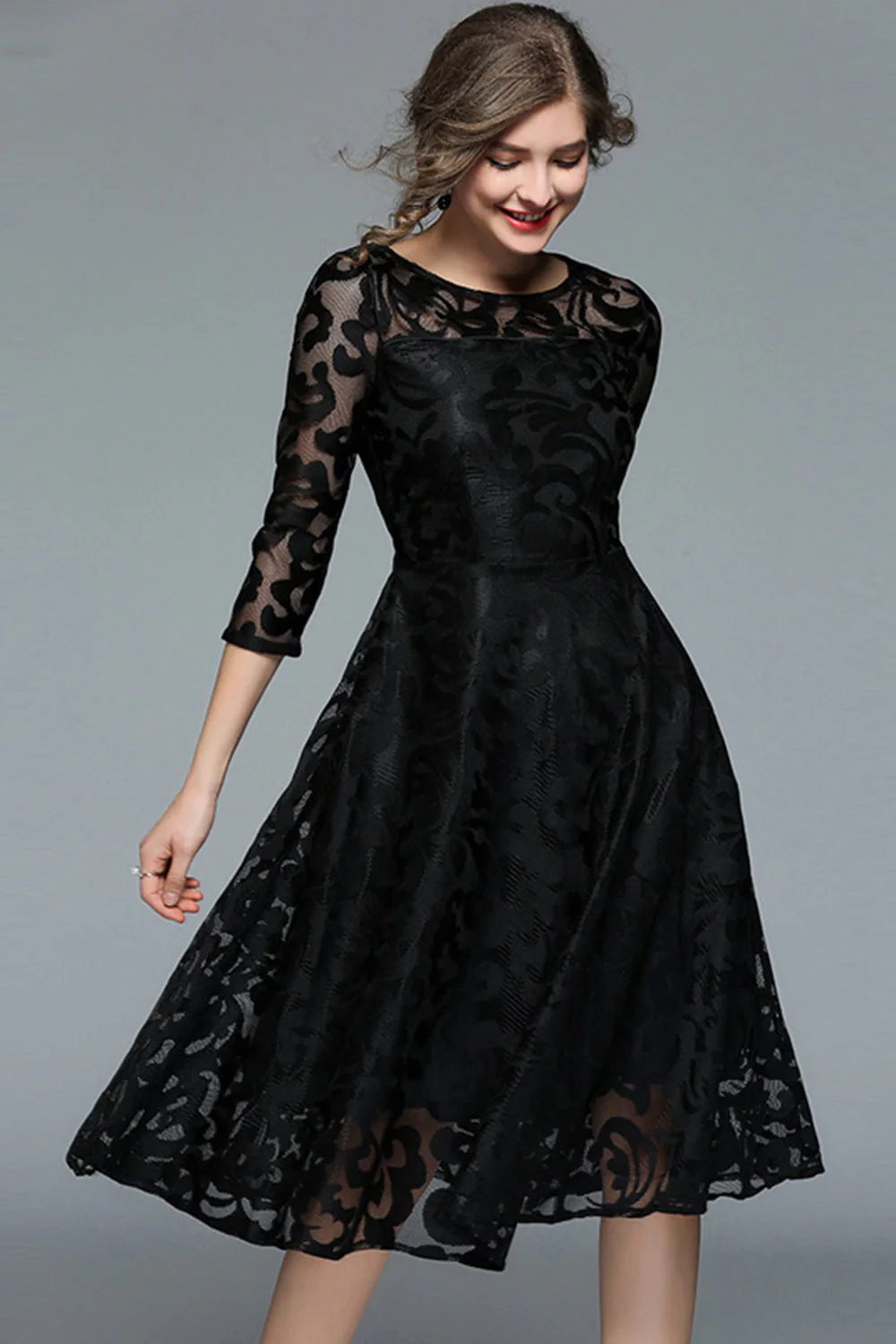 Paon trapèze col rond demi-manches midi Robe mère de la mariée - Image 5