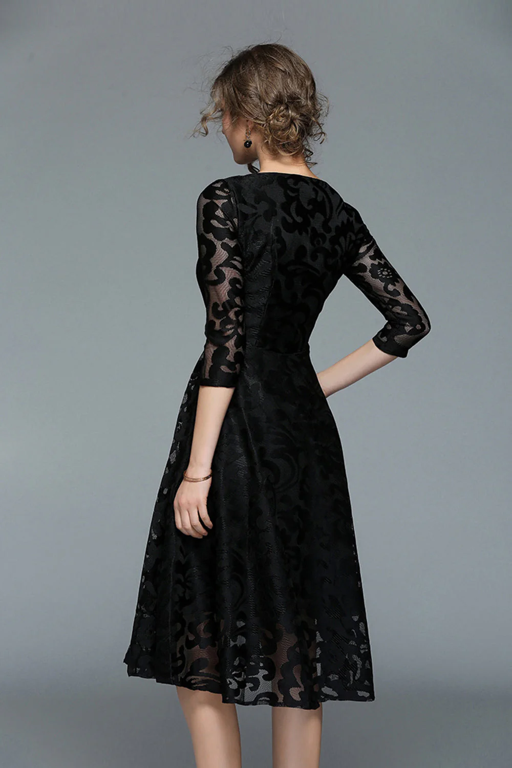 Paon trapèze col rond demi-manches midi Robe mère de la mariée - Image 6