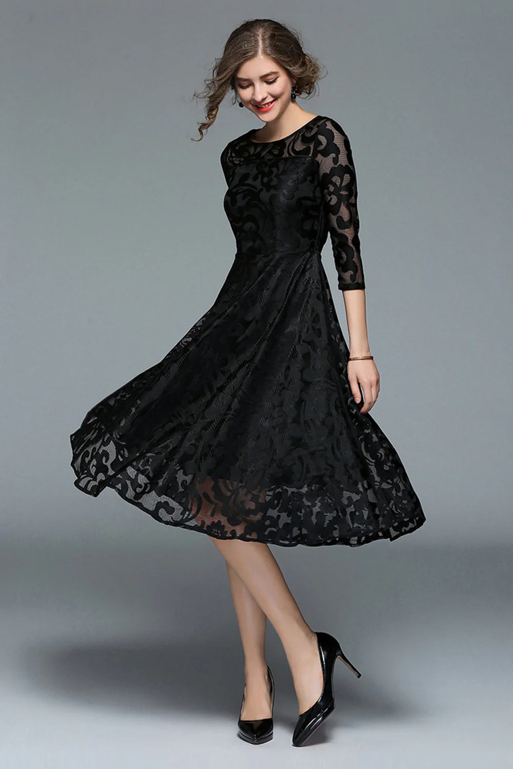 Paon trapèze col rond demi-manches midi Robe mère de la mariée - Image 8