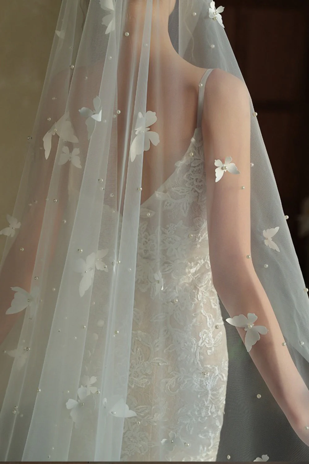 Papillons en ivoire Tulle Long voile de mariée avec perles - Image 6