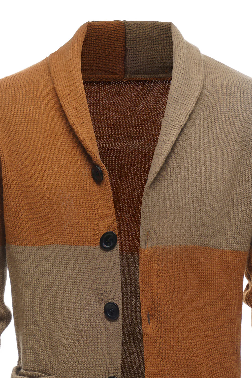 Patchwork marron Châle Col Manches Longues Homme Cardigan Pull - Image 4