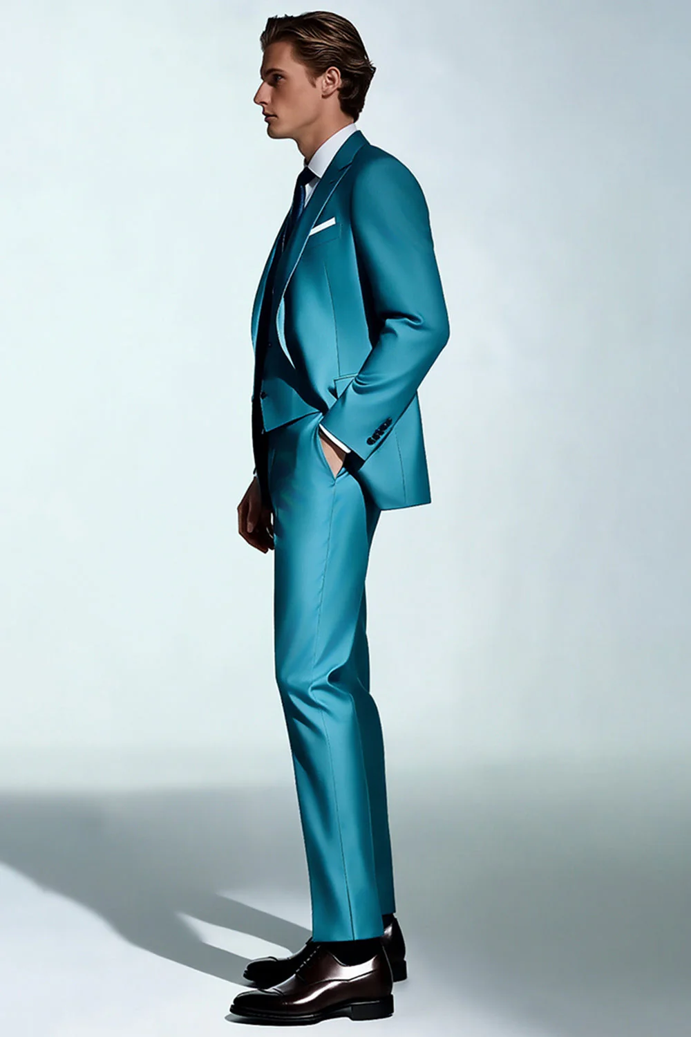 Peacock Blue Peak Lapel Costumes 3 pièces pour hommes - Image 3