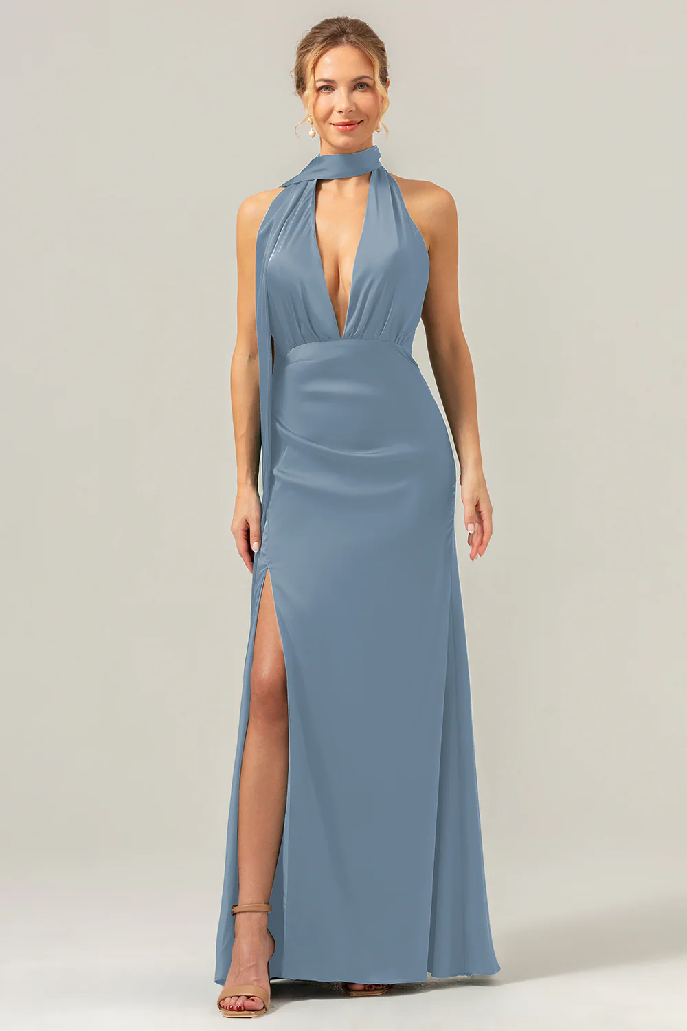Peacock Sheath V-Neck Dos Nu Longue Robe de demoiselle d’honneur avec fente - Image 17