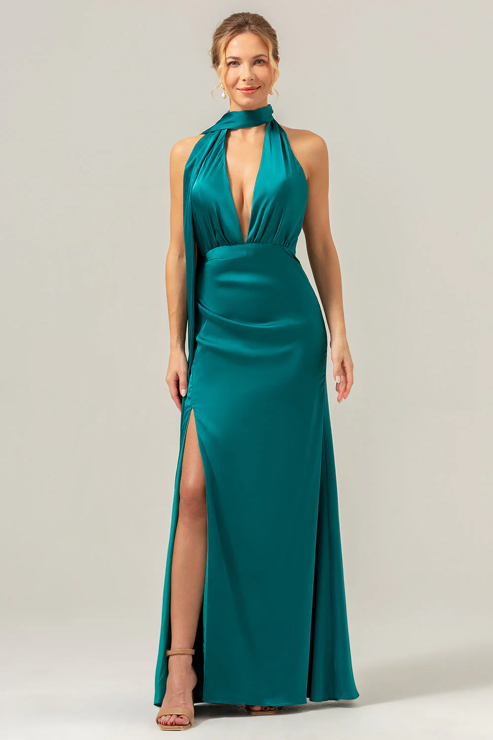 Peacock Sheath V-Neck Dos Nu Longue Robe de demoiselle d’honneur avec fente - Image 3