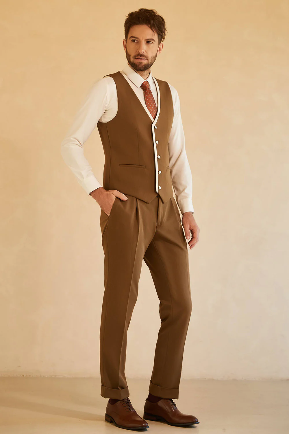 Peak Lapel Single Button Brown Costumes de mariage pour hommes - Image 4