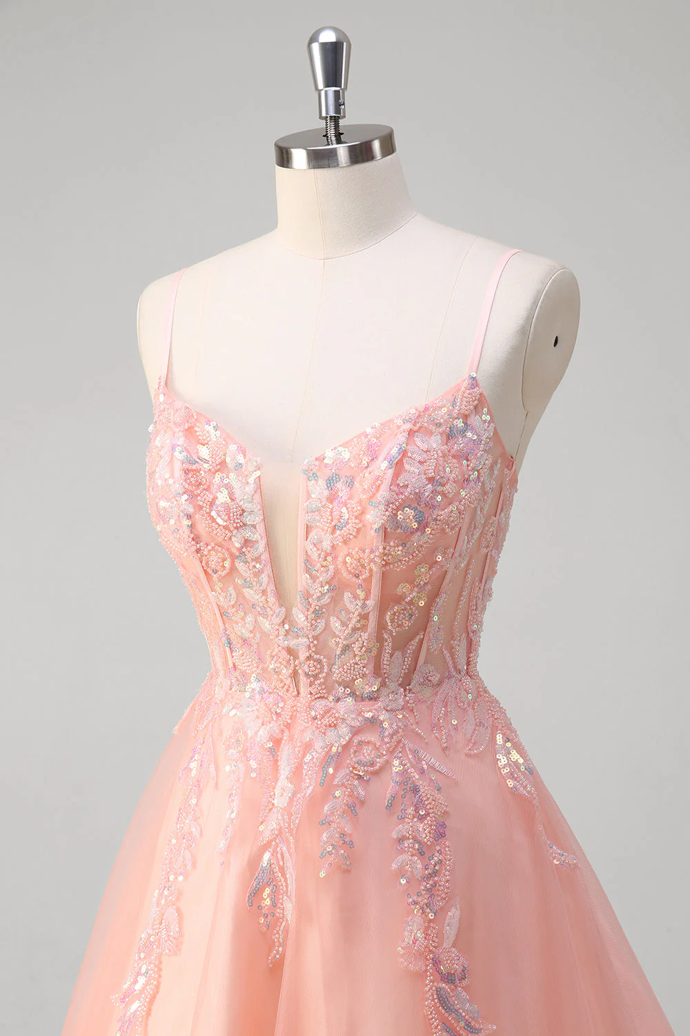 Pêche scintillant corset trapèze tulle floral longue robe de bal avec perles - Image 6