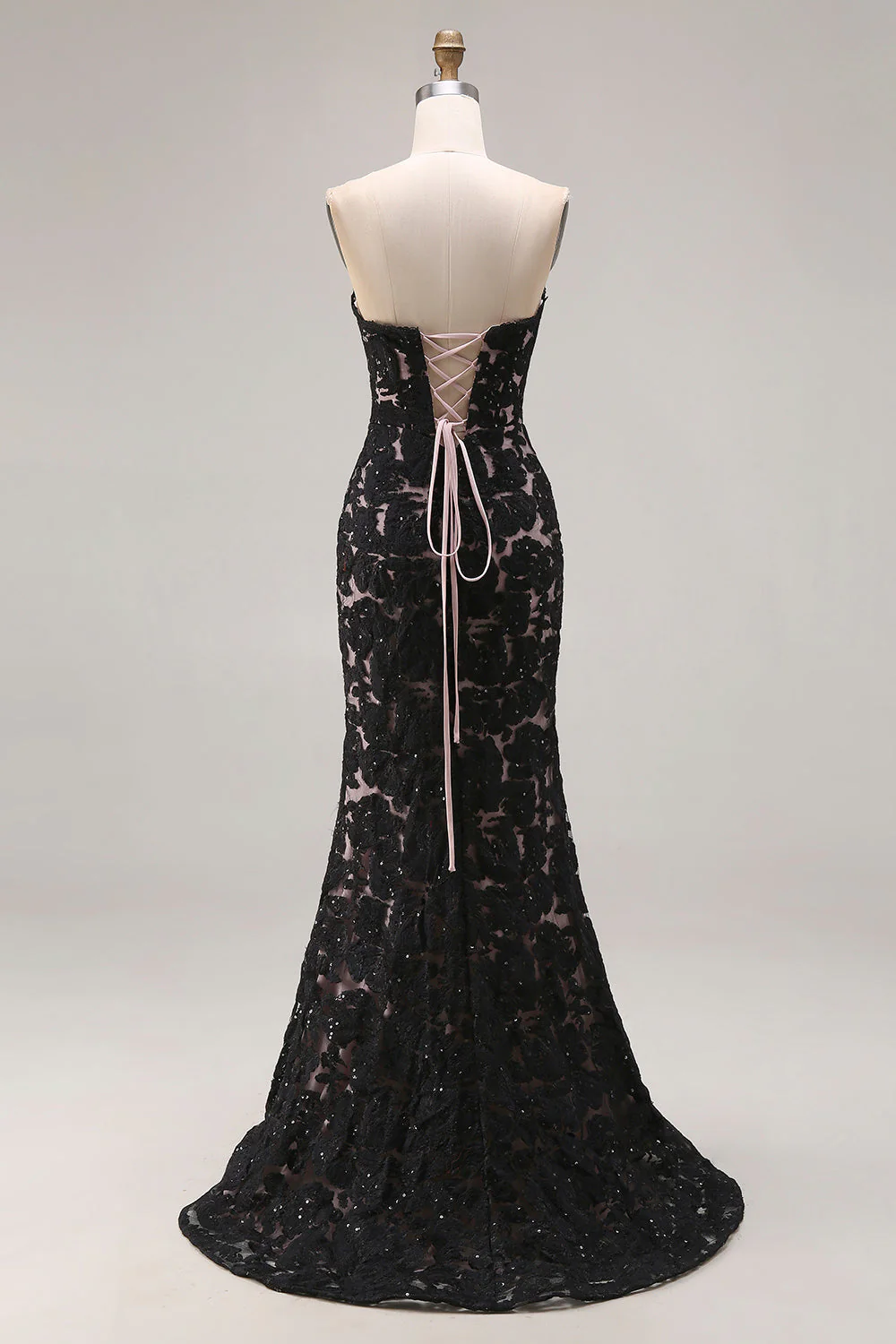 Petite robe de bal longue en dentelle sirène noire à dos à lacets avec fente - Image 2