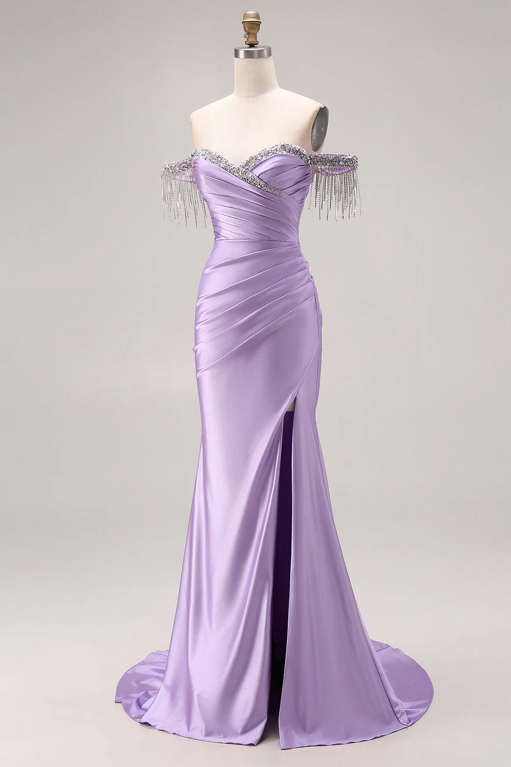 Petite robe de bal longue perlée perlée en satin en satin - Image 3