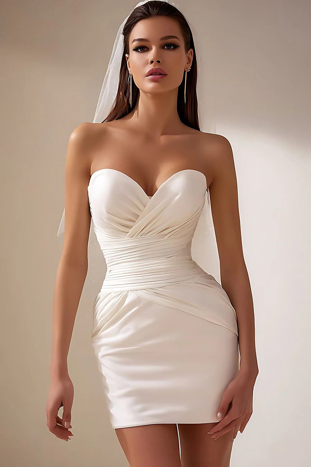 Robe de mariée courte blanche à décolleté cœur silhouette ajustée froncée