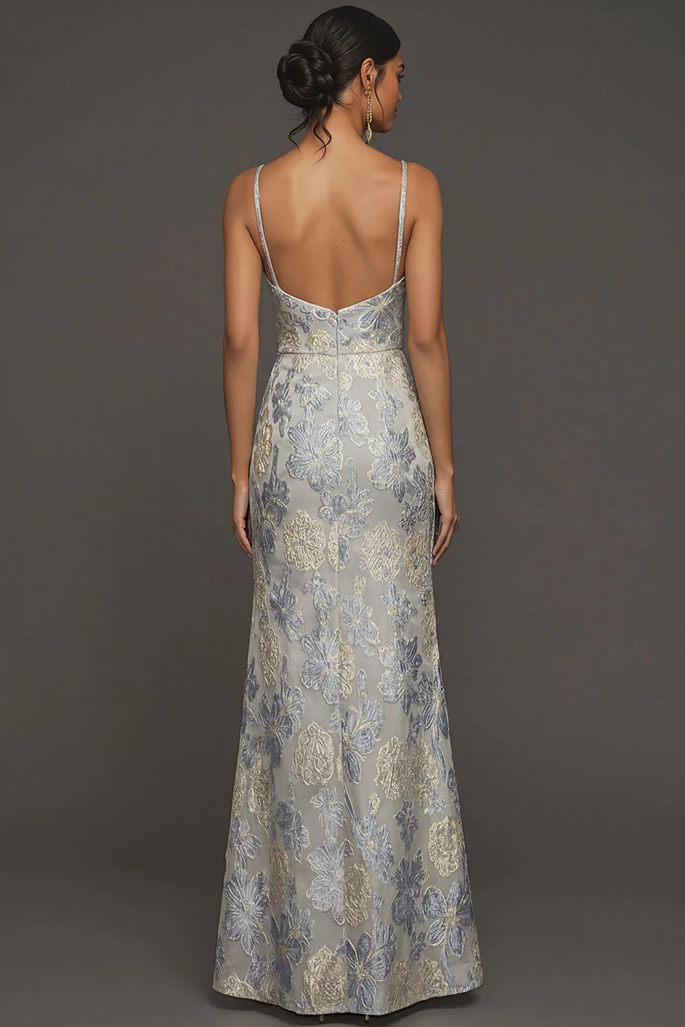 Petite robe formelle longue à bretelles florales jacquard bleu poussiéreux avec fente - Image 2