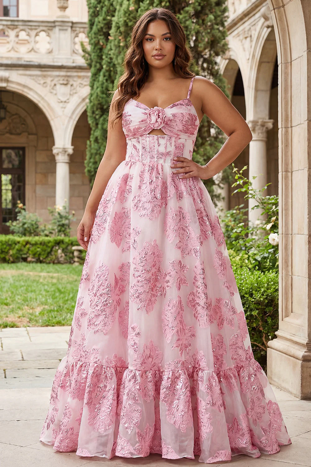 Pink Brocade Jacquard découpe une robe de bal longue grande taille en ligne A avec une fleur 3D