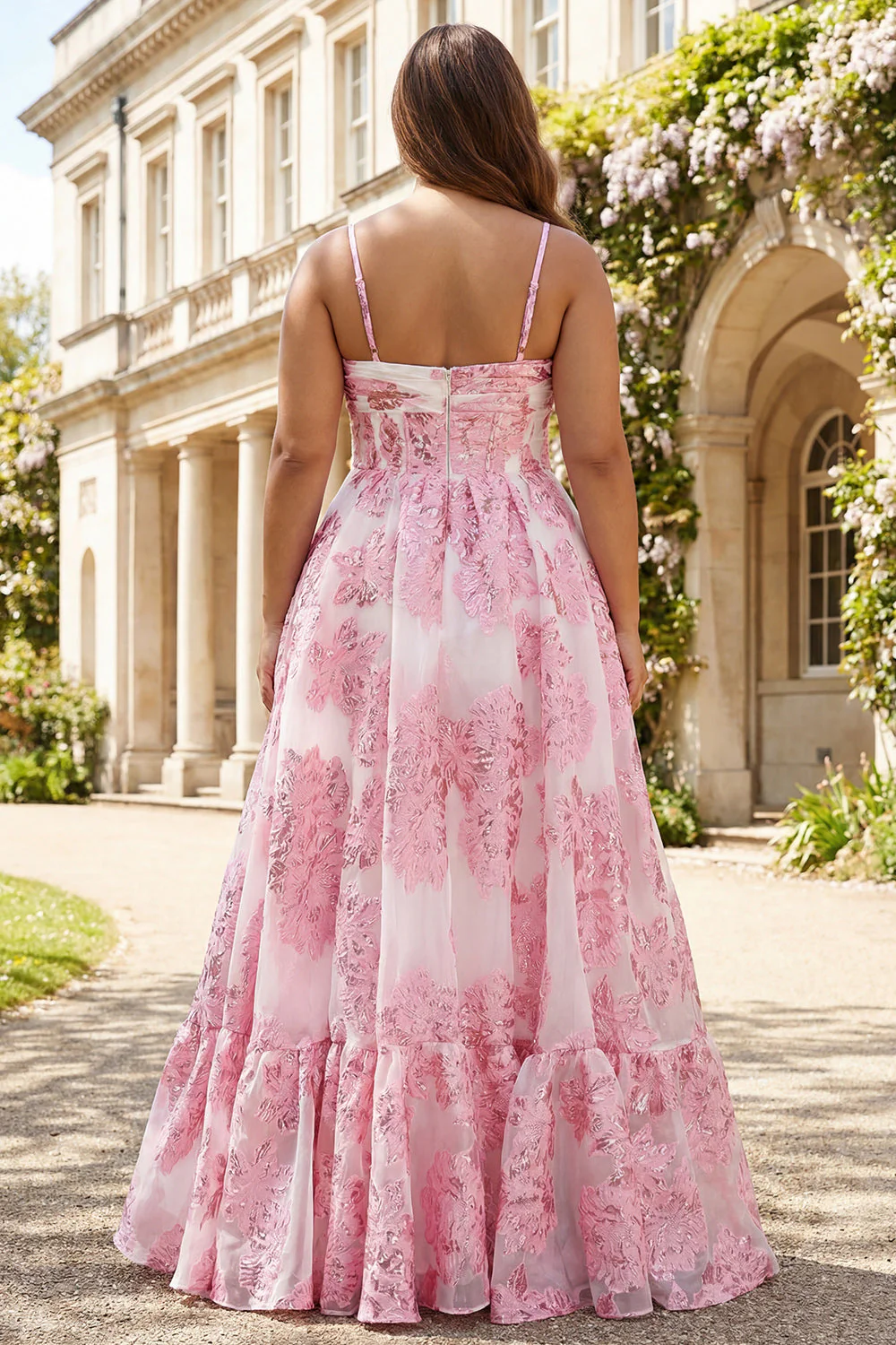 Pink Brocade Jacquard découpe une robe de bal longue grande taille en ligne A avec une fleur 3D - Image 2