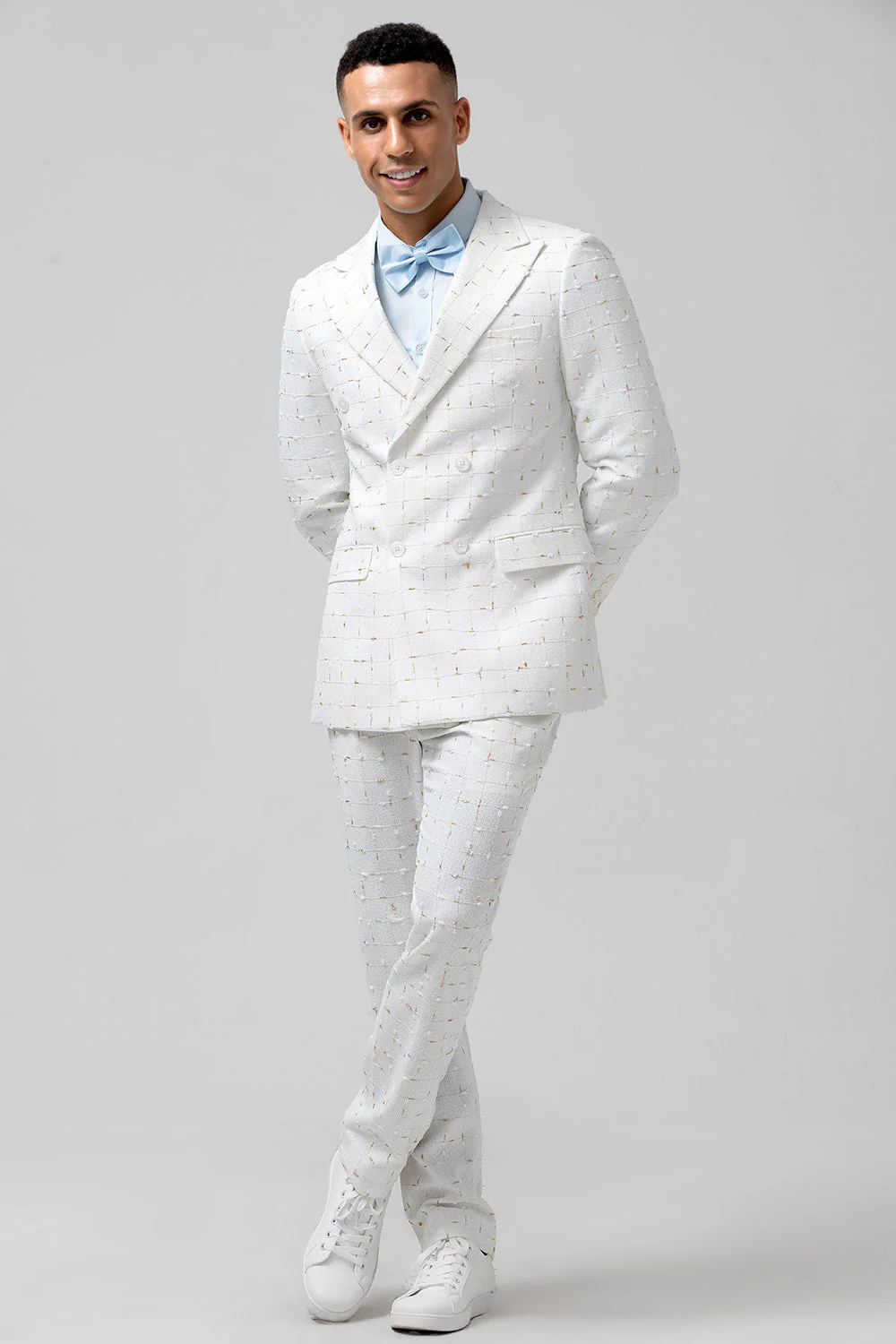 Plaid blanc à simple boutonnage pointe revers 2 pièces costumes de mariage pour hommes - Image 3