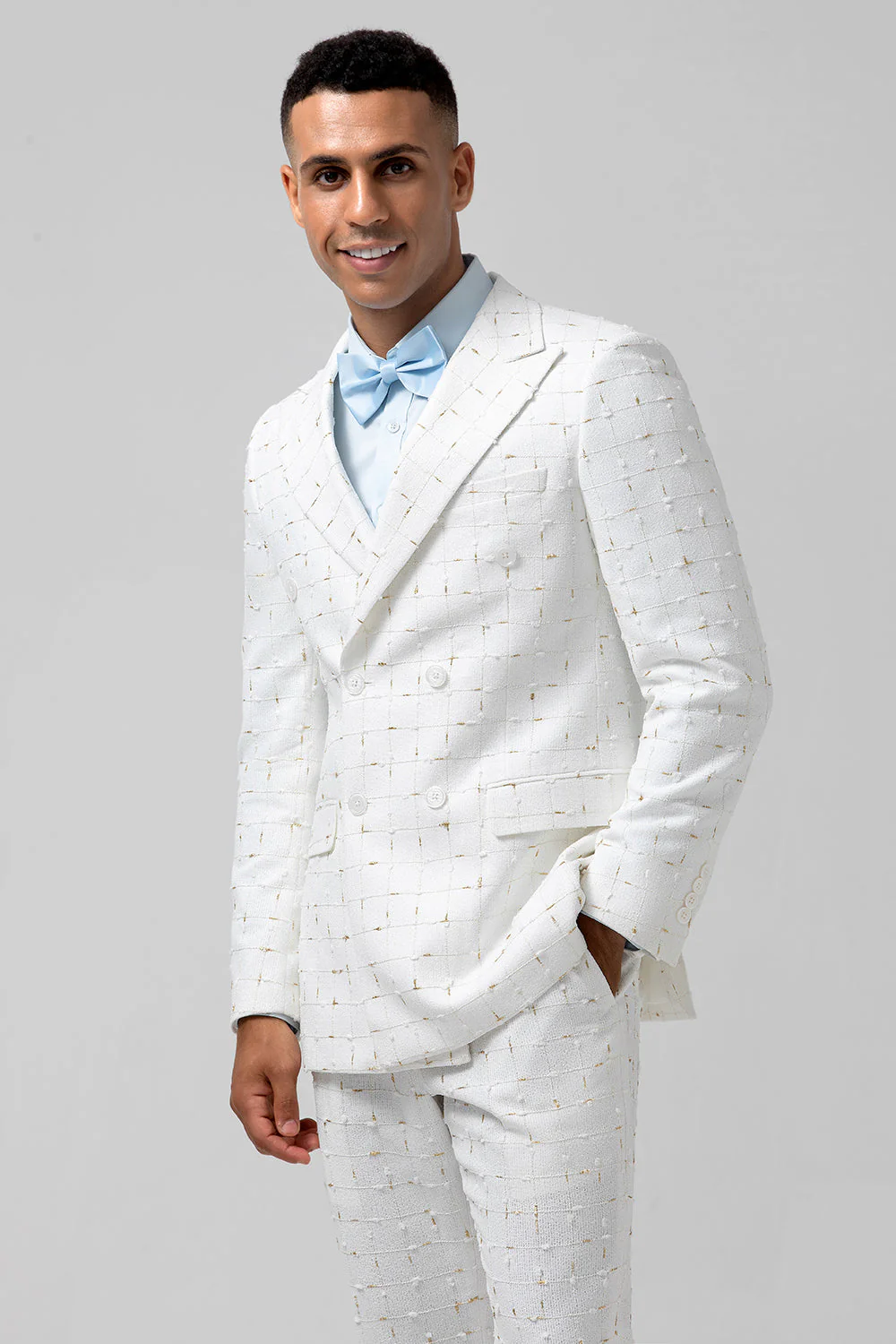 Plaid blanc à simple boutonnage pointe revers 2 pièces costumes de mariage pour hommes - Image 6