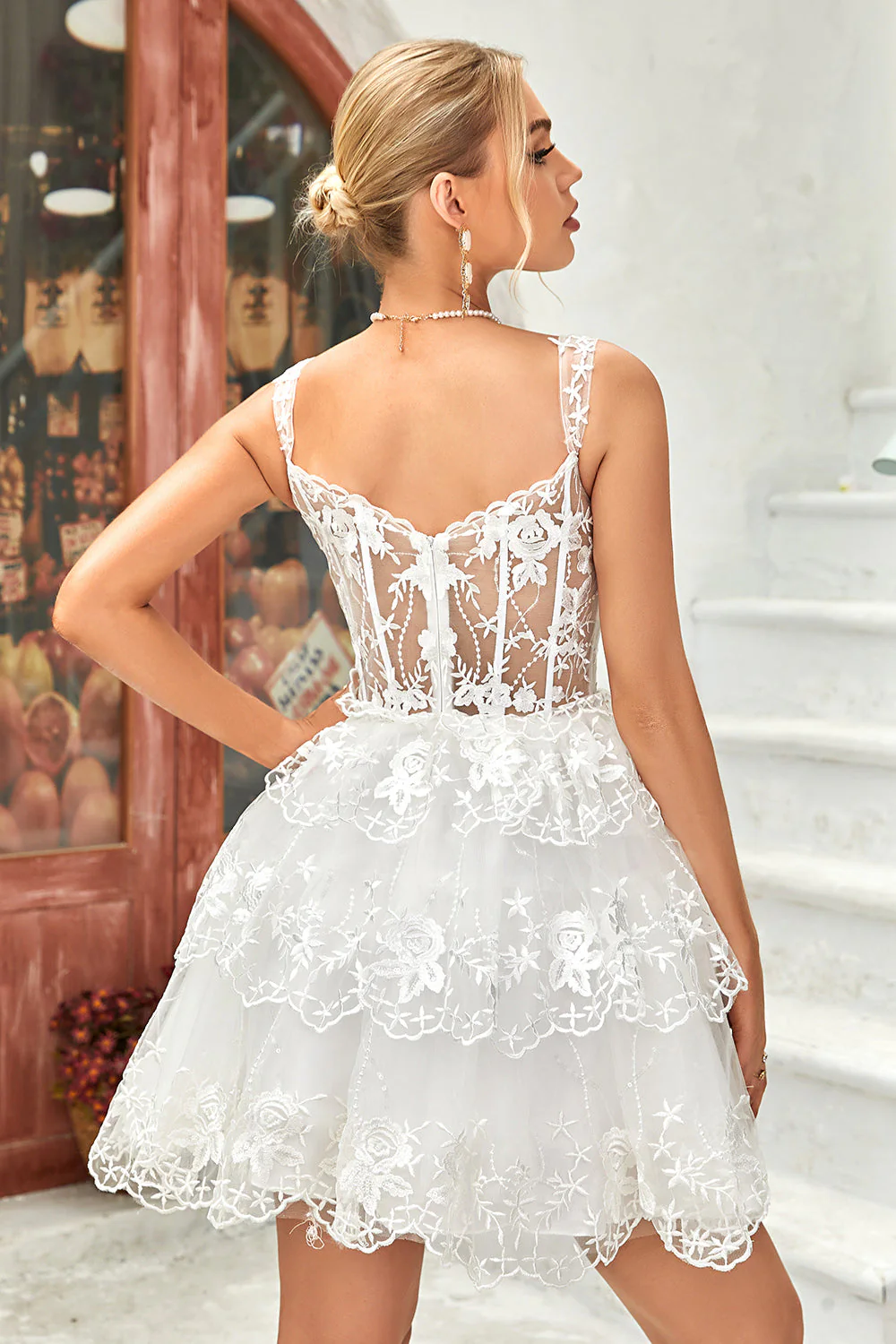 Princess A Line Corset blanc Robe courte à plusieurs niveaux avec dentelle - Image 2