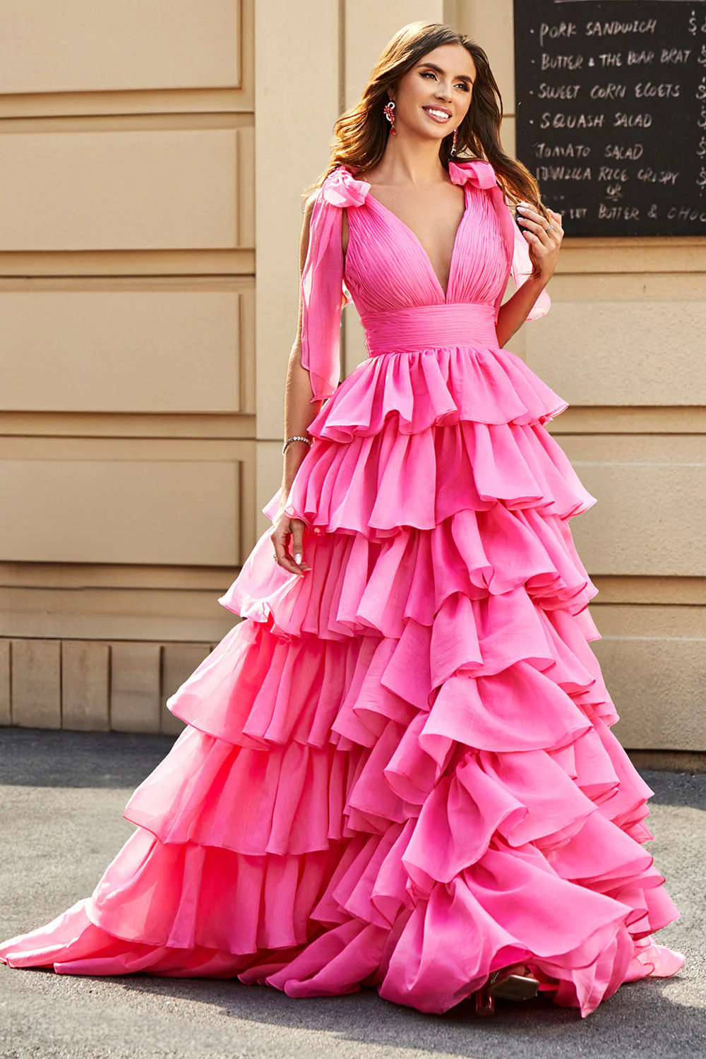 Princesse A-ligne Col V Fuchsia Robe de bal à plusieurs niveaux avec fente - Image 6