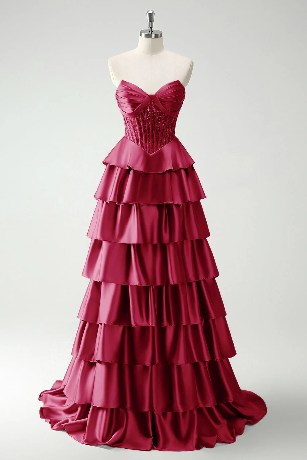 Princesse bourgogne Sweetheart perlé à plusieurs niveaux Corset longue robe de bal avec fente