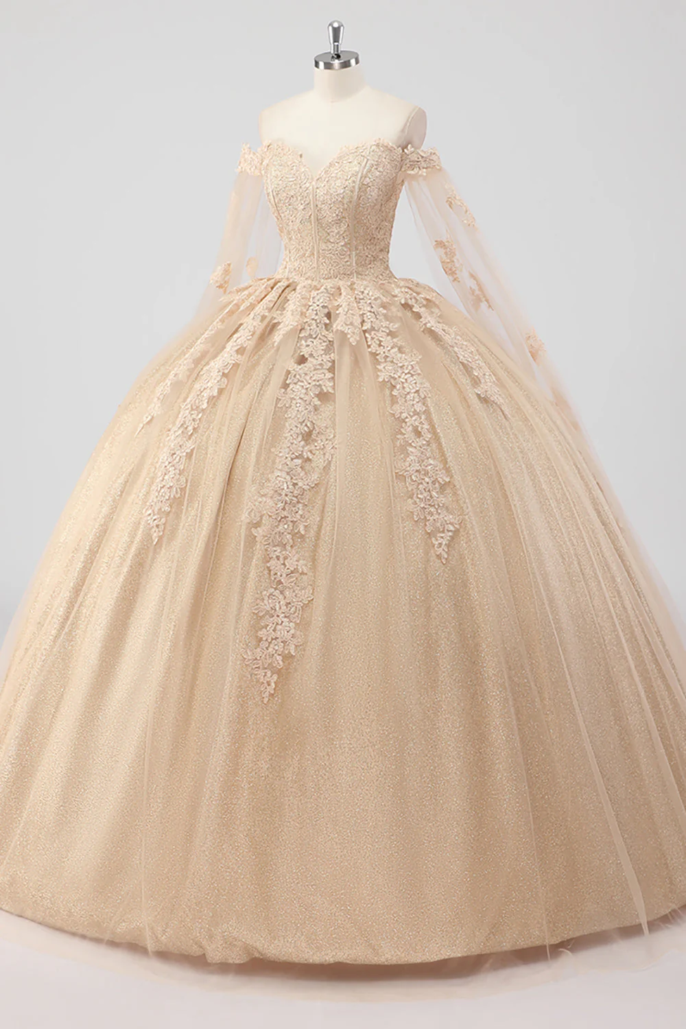 Princesse Champagne Épaules Dénudées Manches Cape Tulle Quinceanera Robe avec Appliques - Image 3