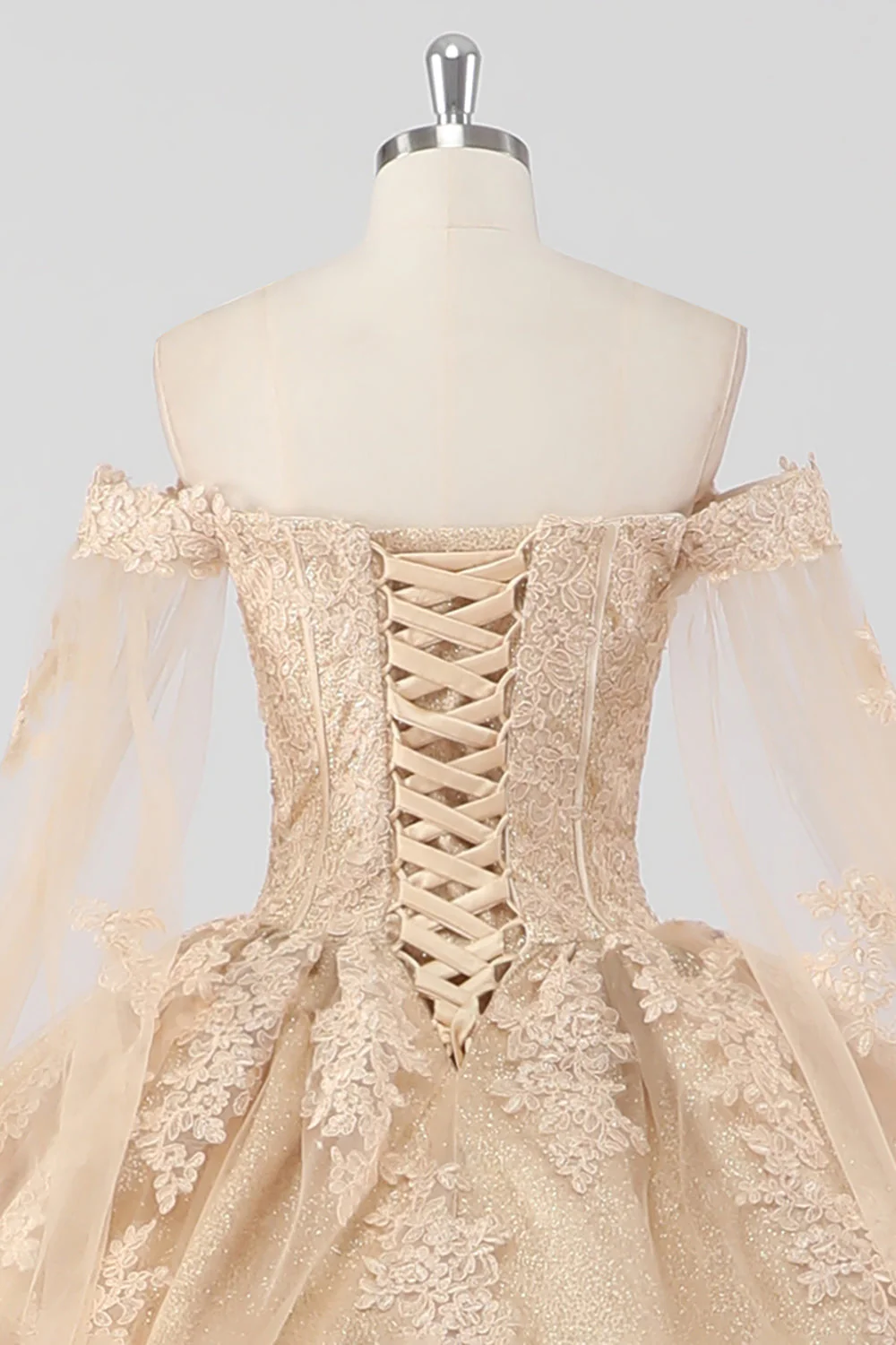 Princesse Champagne Épaules Dénudées Manches Cape Tulle Quinceanera Robe avec Appliques - Image 5