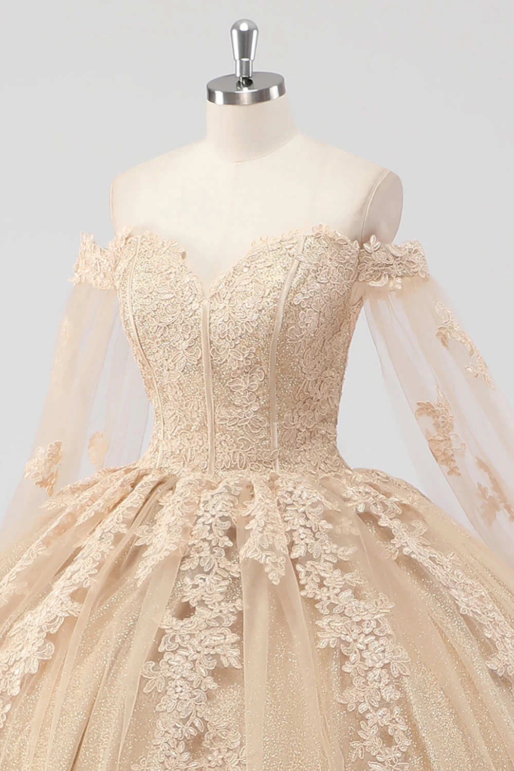 Princesse Champagne Épaules Dénudées Manches Cape Tulle Quinceanera Robe avec Appliques - Image 6