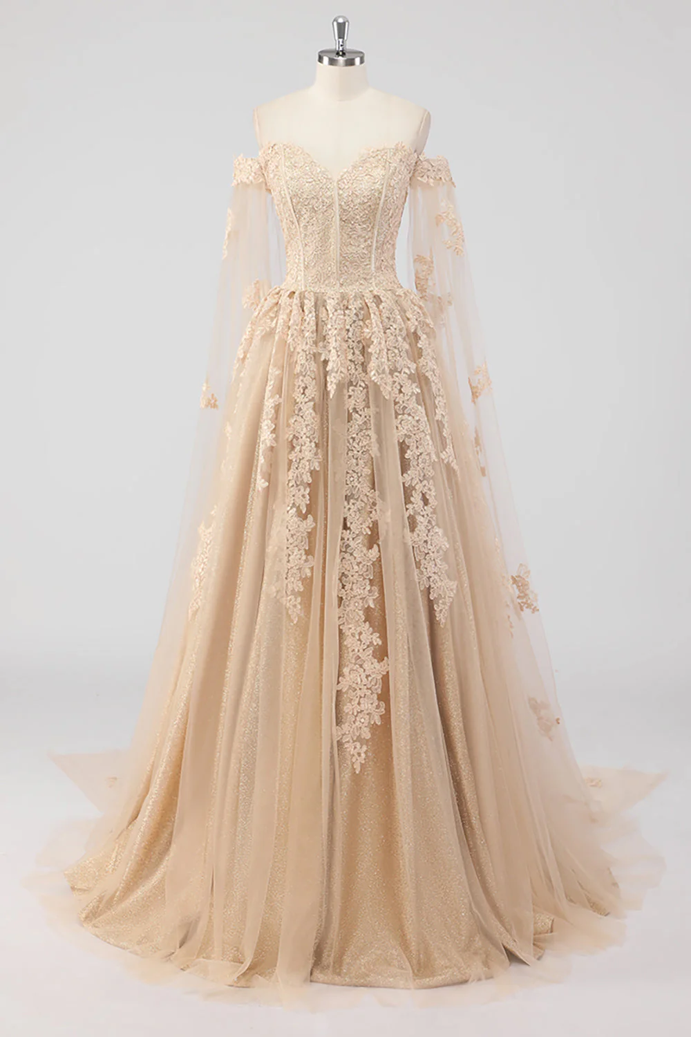 Princesse Champagne Épaules Dénudées Manches Cape Tulle Quinceanera Robe avec Appliques - Image 7