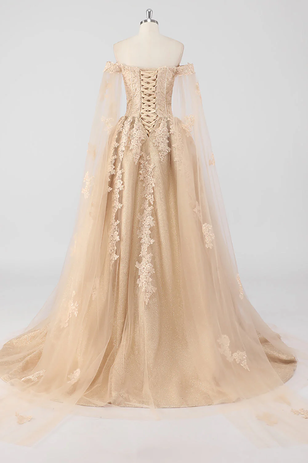 Princesse Champagne Épaules Dénudées Manches Cape Tulle Quinceanera Robe avec Appliques - Image 8