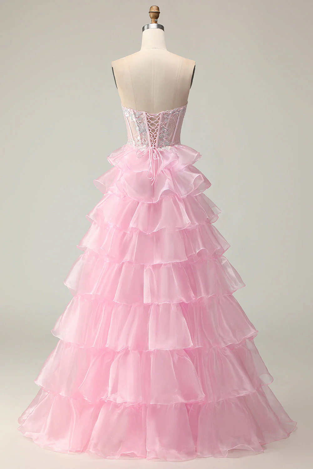 Princesse Pink Sweetheart Corset Tiered Sequins Robe De Soirée Avec Lace Up Back - Image 2