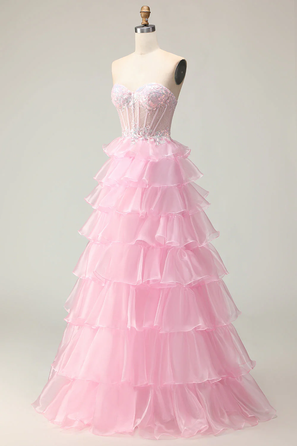 Princesse Pink Sweetheart Corset Tiered Sequins Robe De Soirée Avec Lace Up Back - Image 3