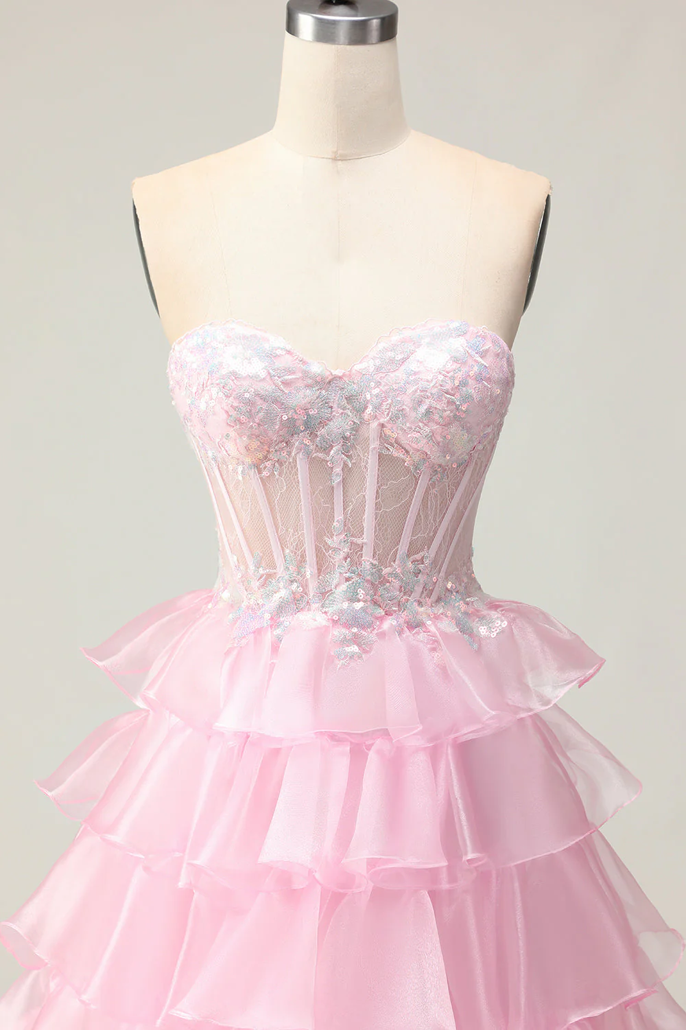 Princesse Pink Sweetheart Corset Tiered Sequins Robe De Soirée Avec Lace Up Back - Image 4
