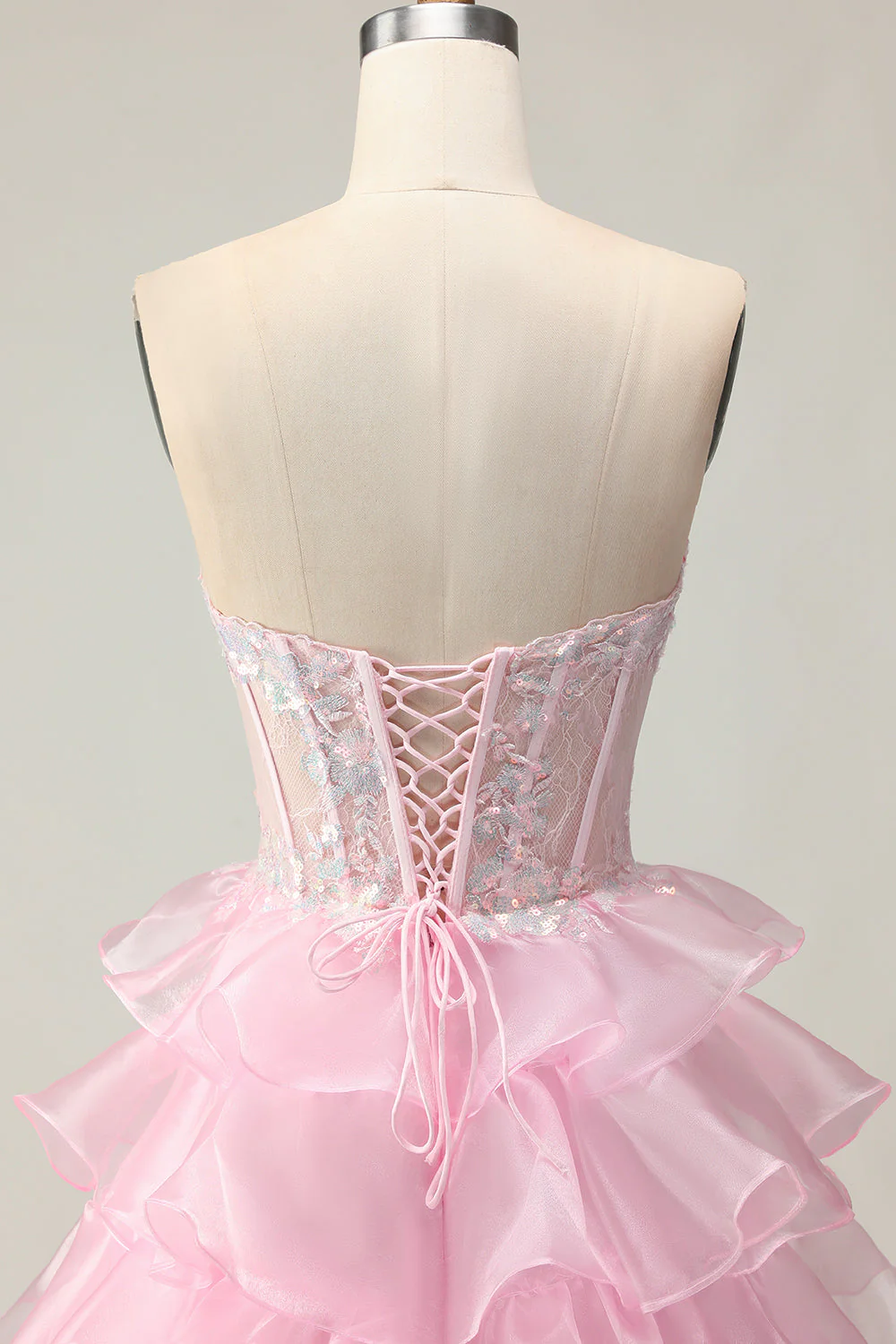 Princesse Pink Sweetheart Corset Tiered Sequins Robe De Soirée Avec Lace Up Back - Image 5