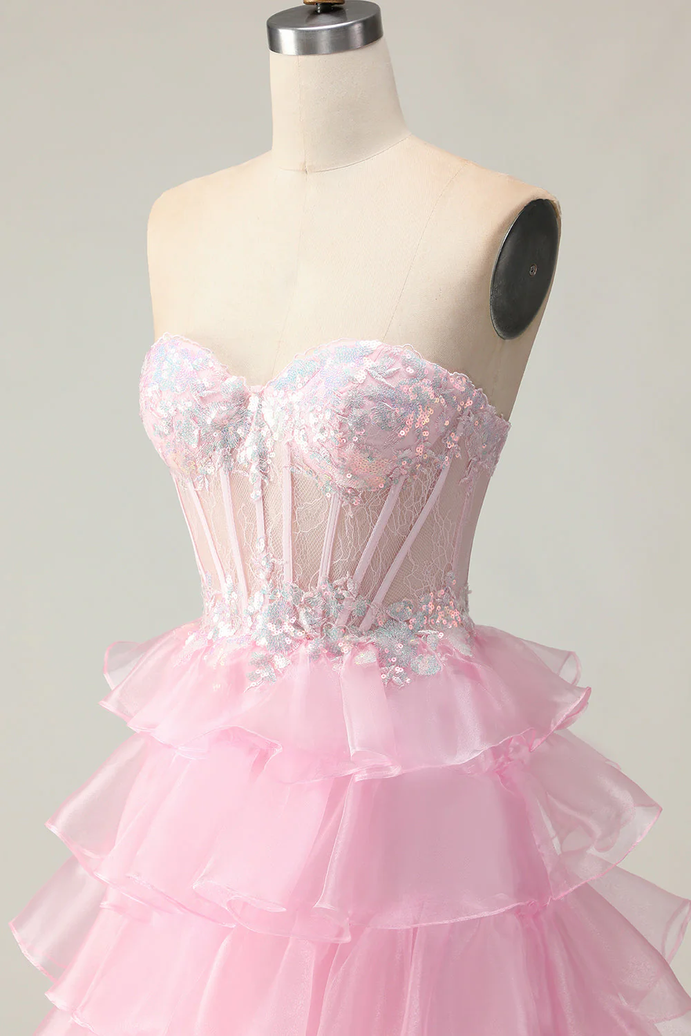 Princesse Pink Sweetheart Corset Tiered Sequins Robe De Soirée Avec Lace Up Back - Image 6