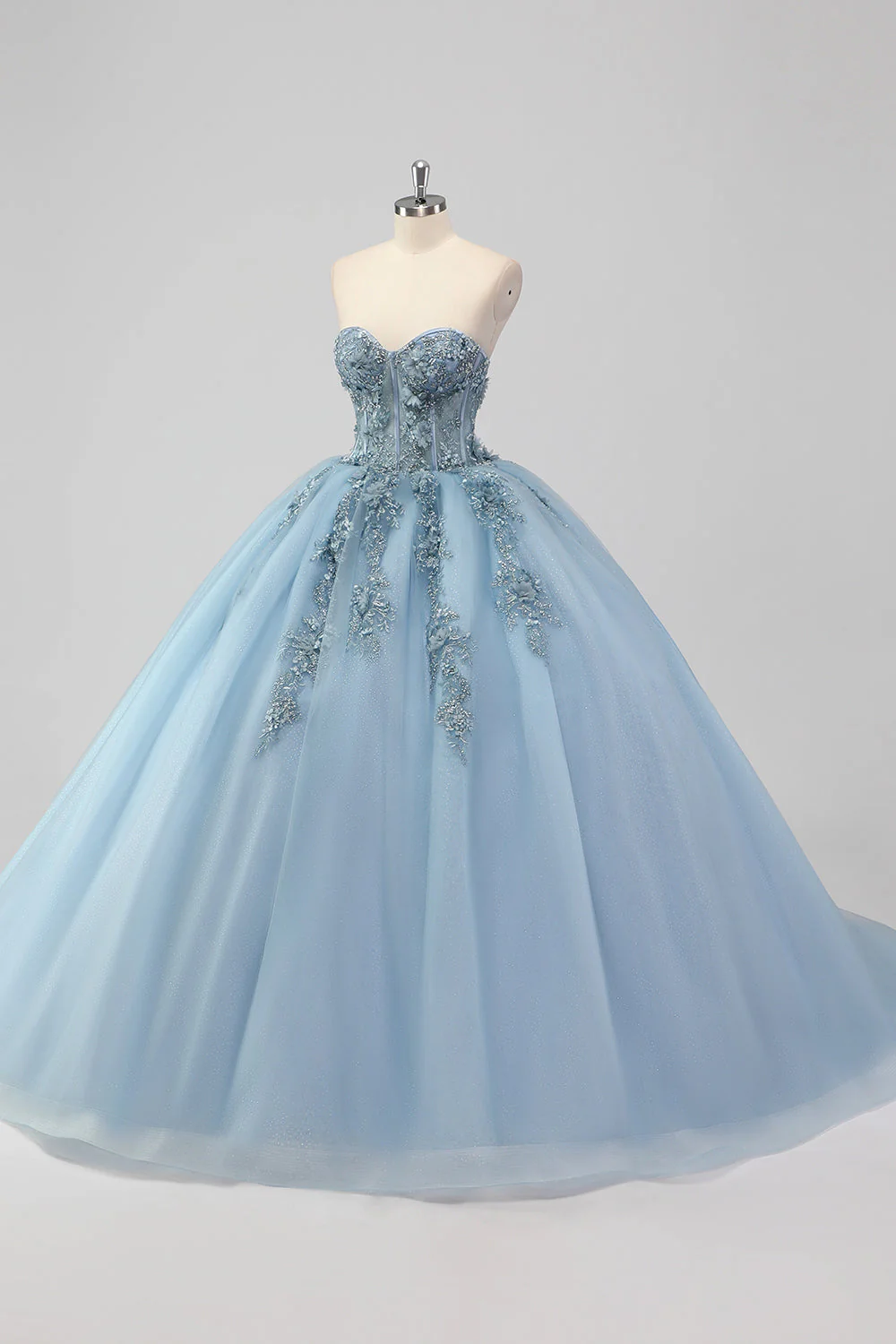 Princesse Robe bustier bleu sans bretelles en tulle Quinceanera avec appliques - Image 3