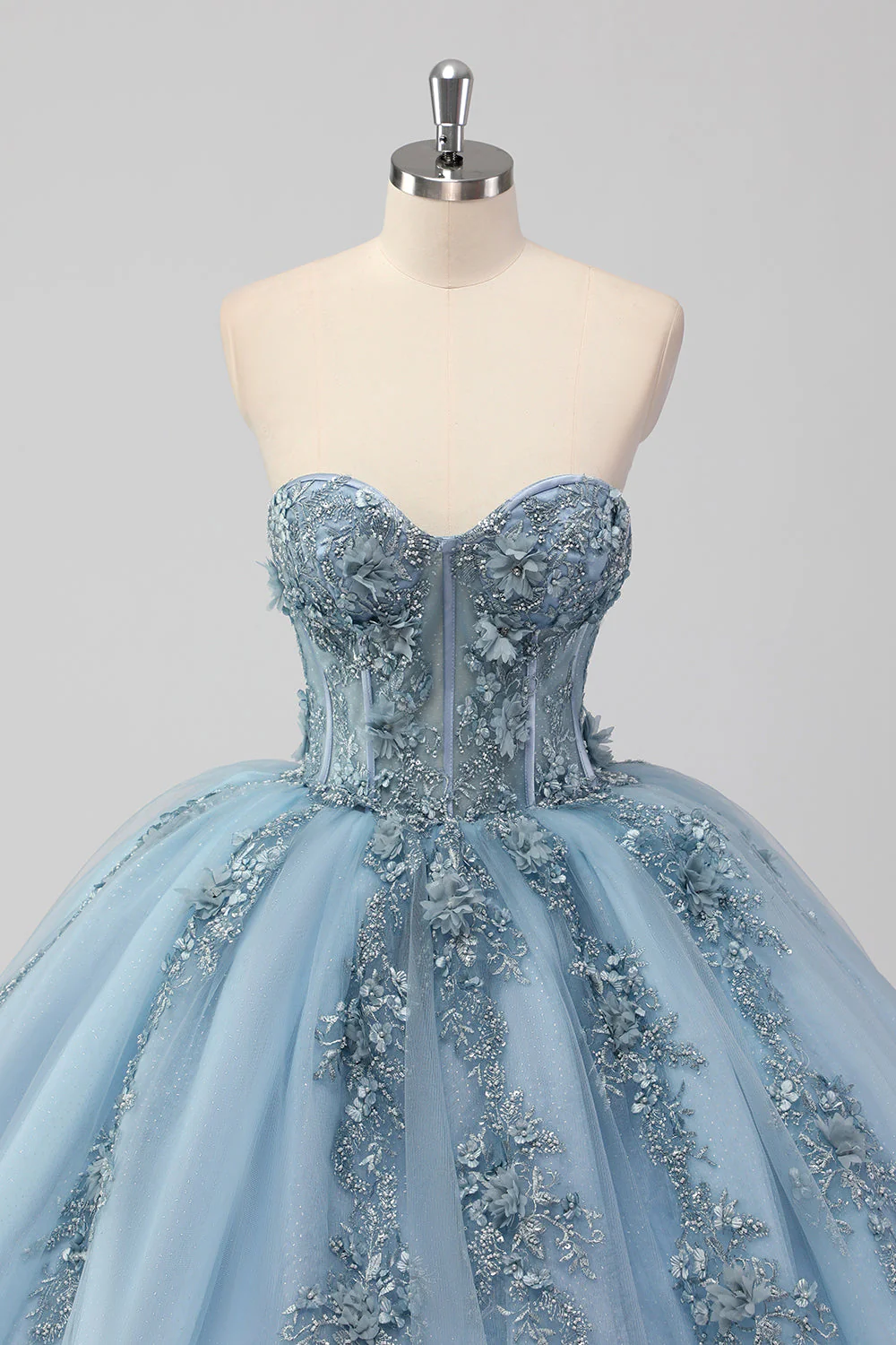 Princesse Robe bustier bleu sans bretelles en tulle Quinceanera avec appliques - Image 4