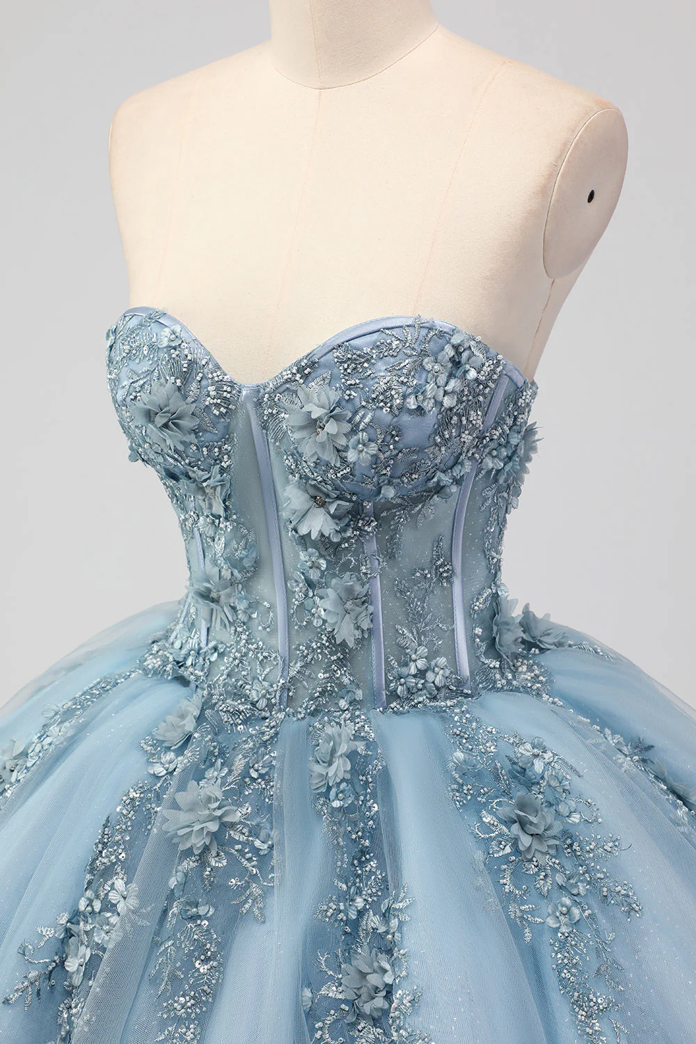 Princesse Robe bustier bleu sans bretelles en tulle Quinceanera avec appliques - Image 7