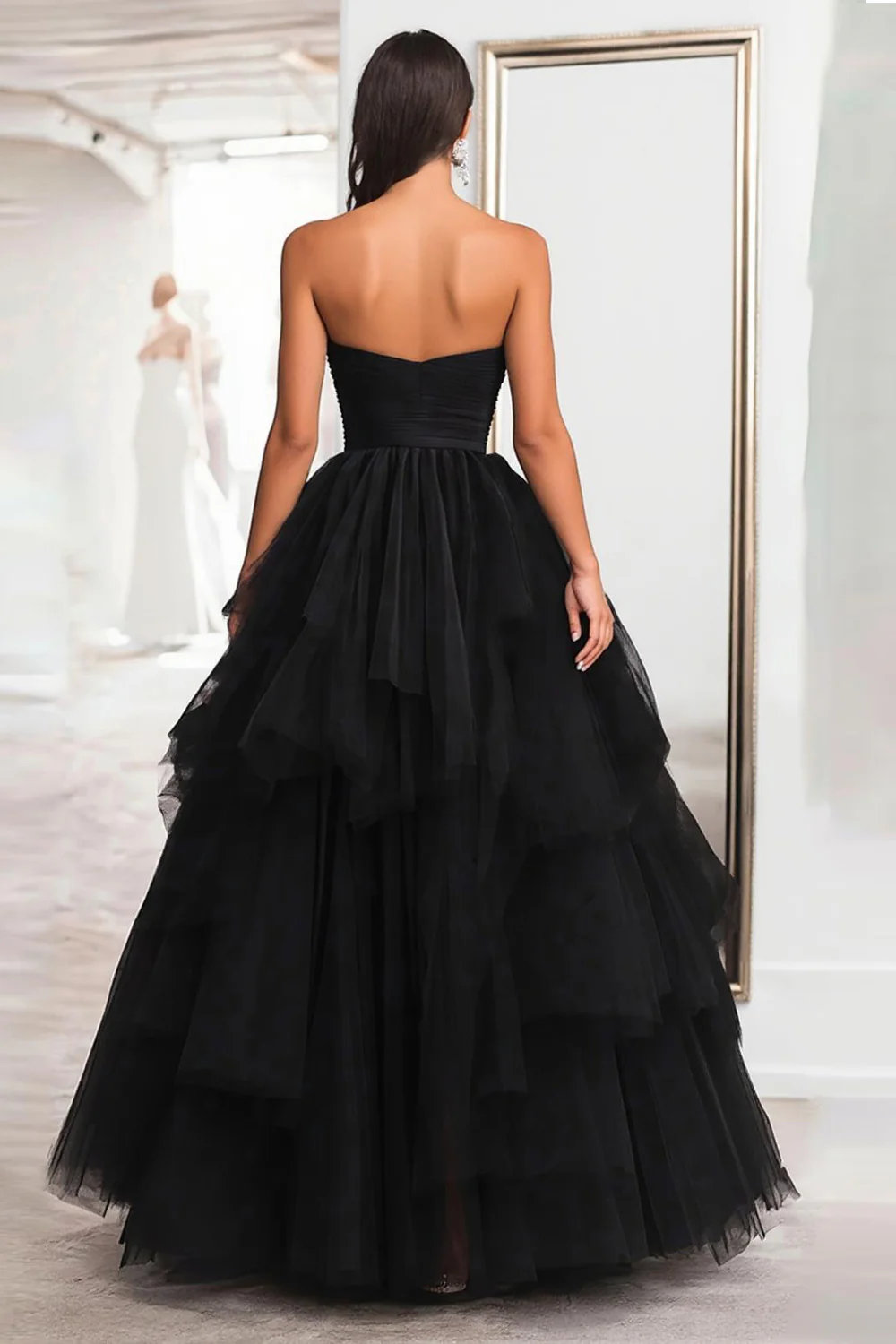 Princesse Robe de bal longue sans bretelles en tulle noir à volants - Image 2