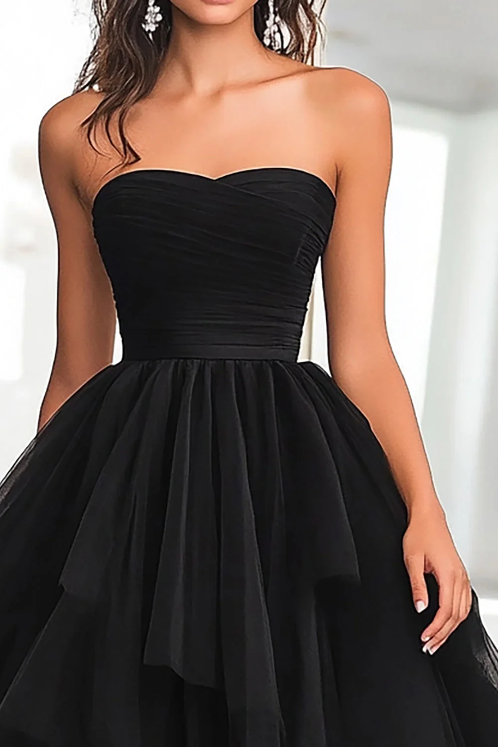 Princesse Robe de bal longue sans bretelles en tulle noir à volants - Image 3
