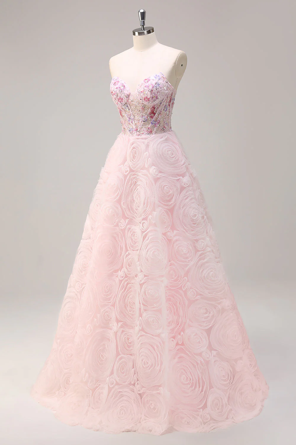 Princesse rose scintillante sans bretelles floral corset longue robe de Soirée avec paillettes - Image 3