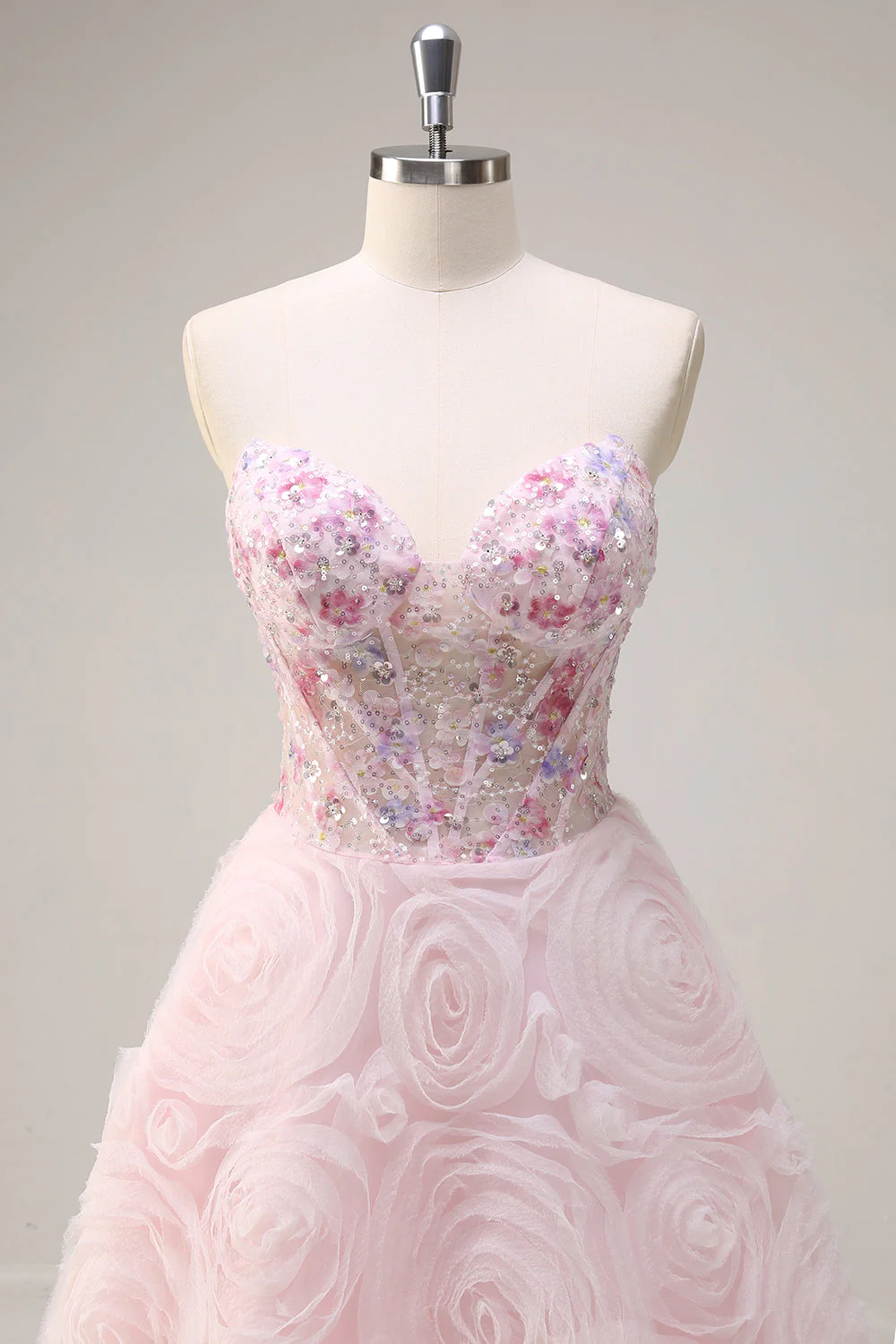 Princesse rose scintillante sans bretelles floral corset longue robe de Soirée avec paillettes - Image 4