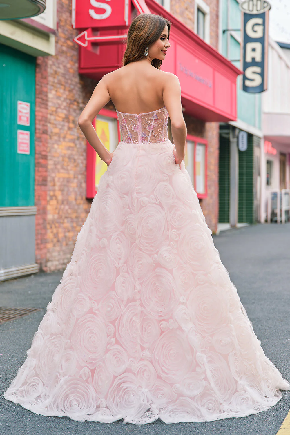 Princesse scintillante rose bustier corset floral longue robe de bal avec paillettes - Image 2