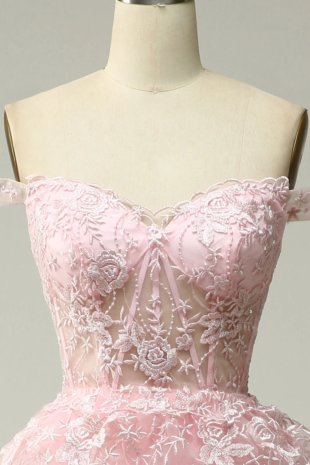 Princesse Une ligne sur l’épaule Robe de bal longue rose avec appliques - Image 4