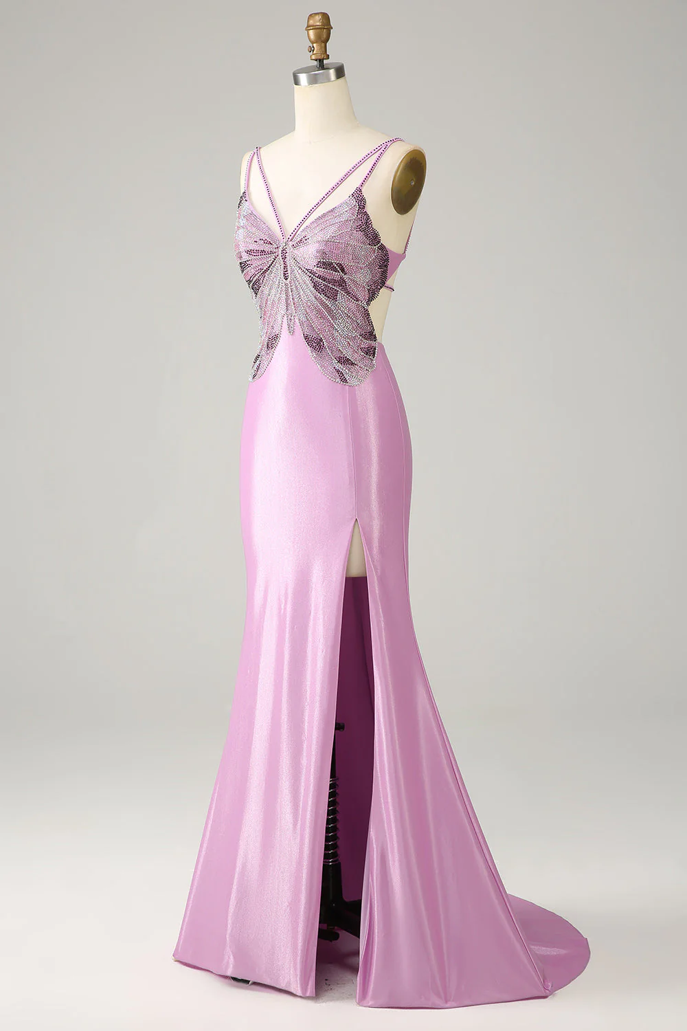 Robe de Soirée pourpre sirène dos nu bretelles spaghetti papillons - Image 3