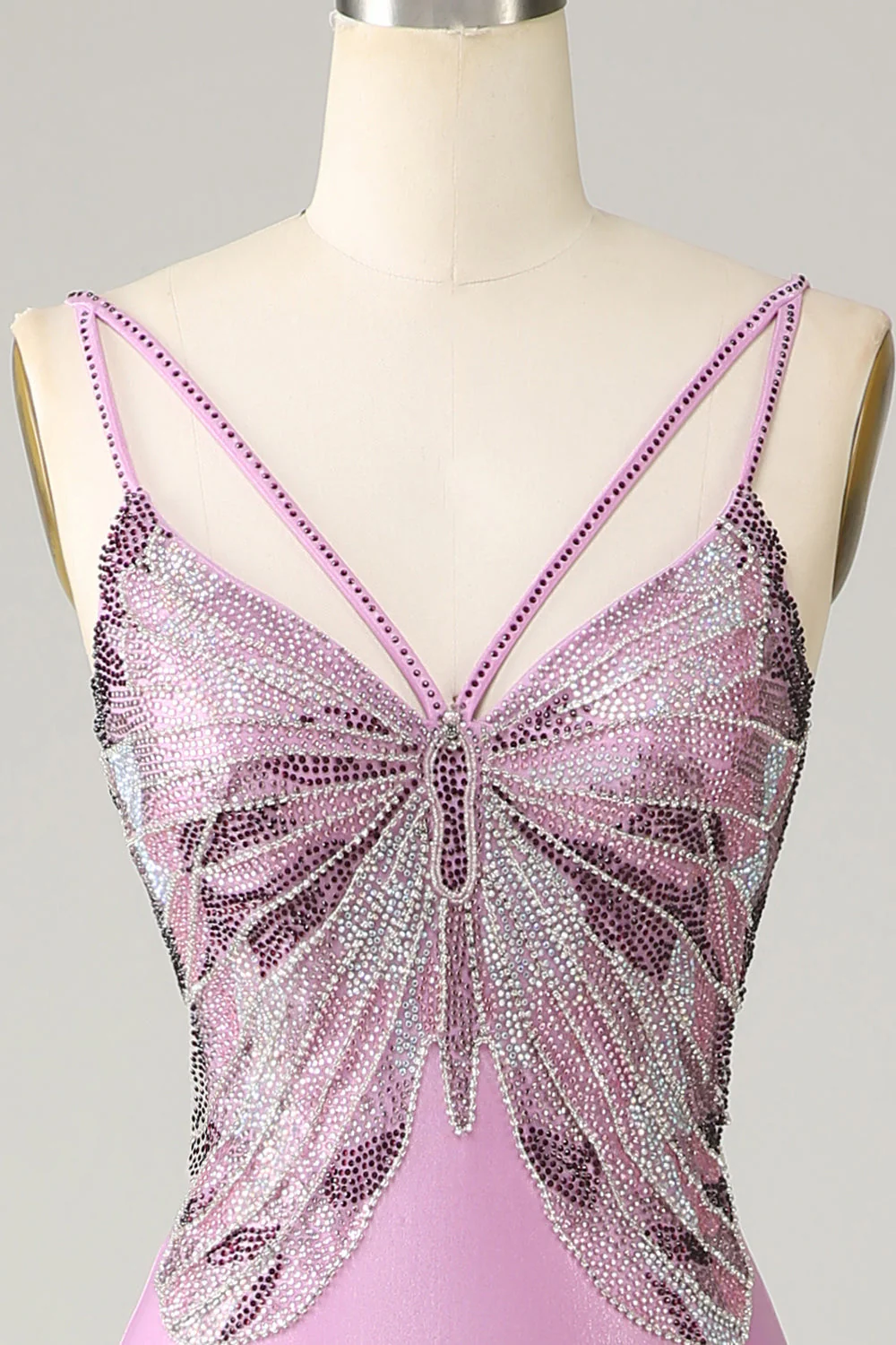 Robe de Soirée pourpre sirène dos nu bretelles spaghetti papillons - Image 4