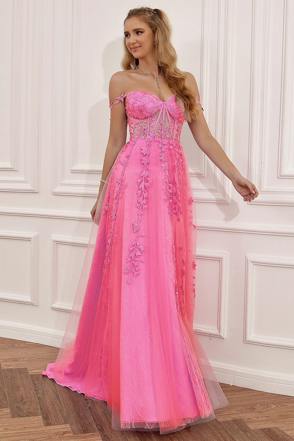 Purple Off the Shoulder Long Prom Robe de bal avec appliques - Image 12